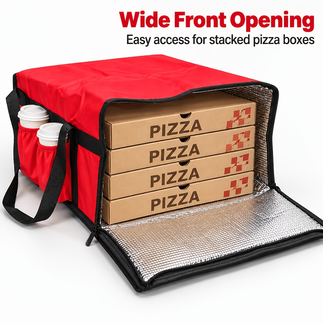 TEMU Large Capacity Front-opening Pizza Delivery Bag, Three-layer Thermal Insulation Structure With Side Storage Pouch, Handheld Catering Delivery