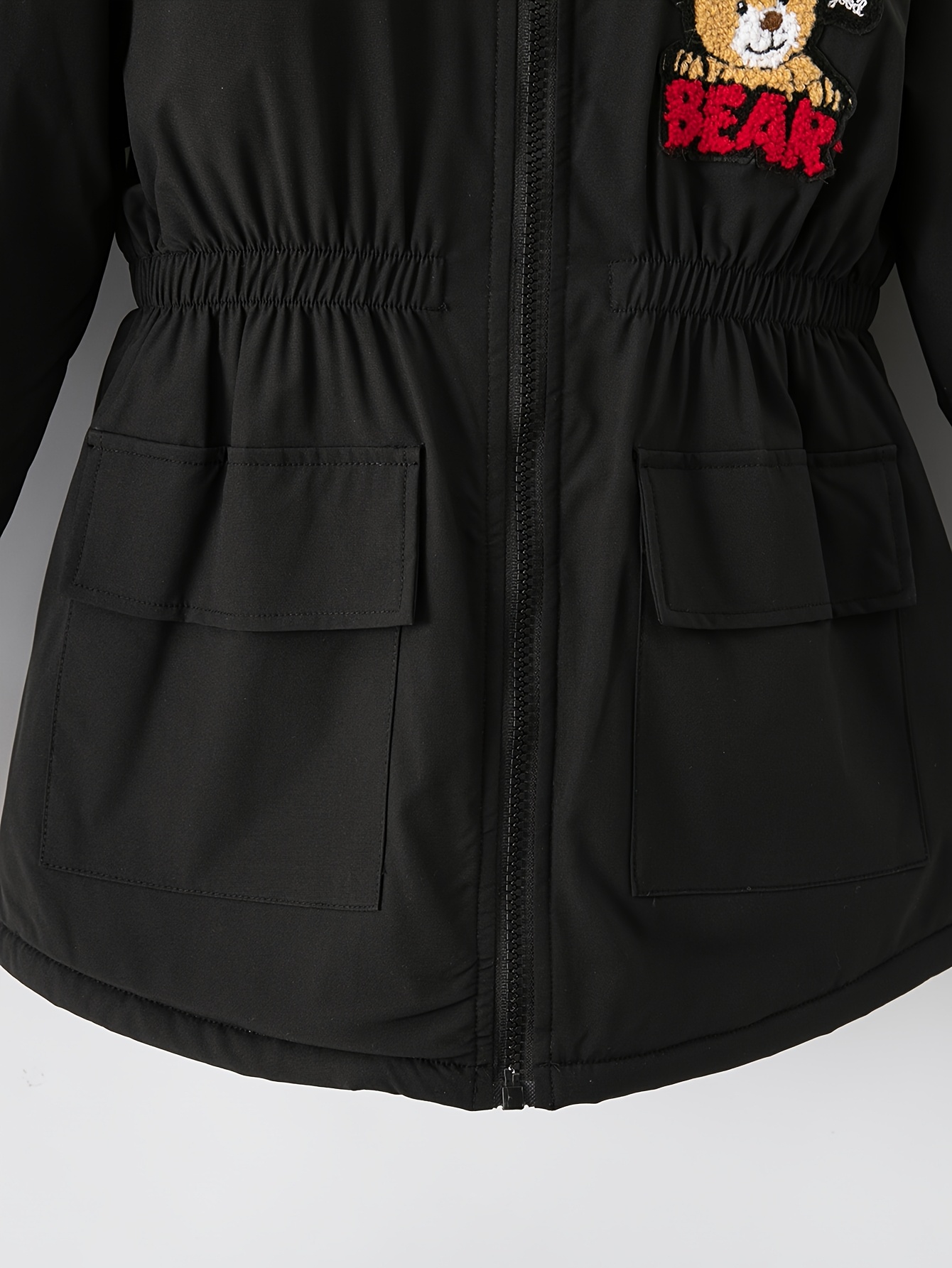 Girls' Cartoon Bear Embroidered Patchwork Hooded Jacket