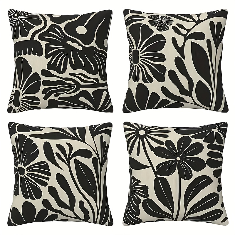 TEMU 4pcs Set, 2d Flat Printing, Simple Black And White Floral Pattern Pillowcase, Single-sided Print, Polyester Material, Multiple Sizes, Machine