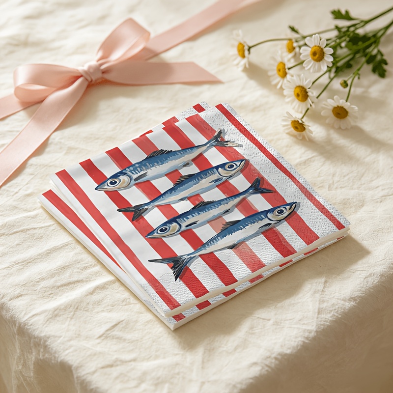 TEMU [Producto] 20 servilletas, toallas de papel estilo con diseño de de peces azul, capa con relieve en los bordes, ilustraciones dibujadas a con