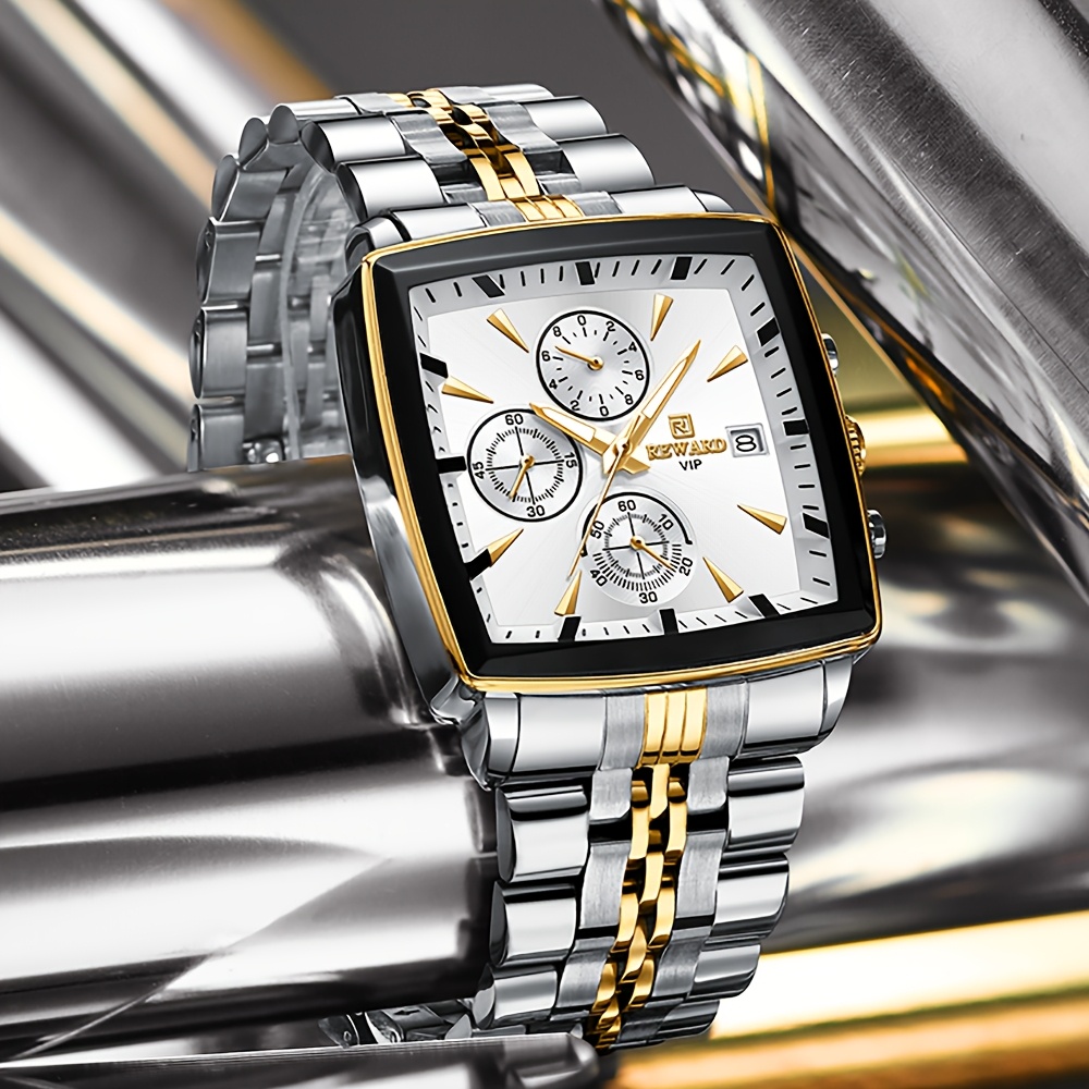 luxury golden and white rectangular mens watches featuring a calculator and stopwatch multifunctional quartz wristwatches with luminous hands   business 5