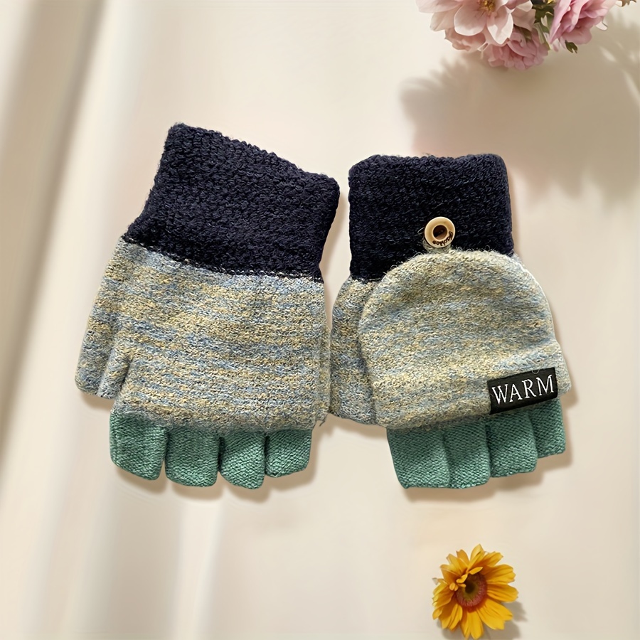 TEMU Knit Convertible Mittens - Half-finger, Warm & Windproof For Women , Casual With Button Closure, Autumn Winter, Short