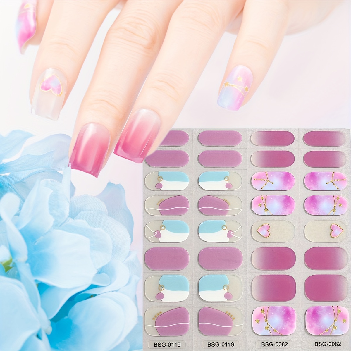 

32 Pcs Purple Semi-cured Gel Nail Stickers: French 3d Gradient Heart Golden Line Full Nail Wrap With 1 Nail File - Suitable For Women And Girls Daily Use Diy Self-adhesive Nail Stickers Decoration