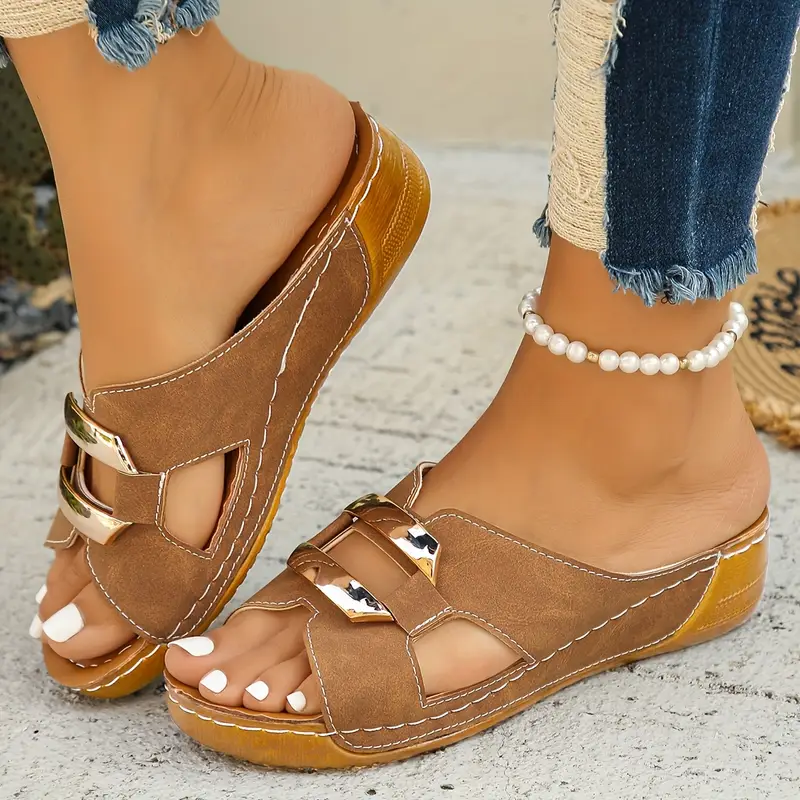 womens wide width summer sandals non slip soft sole open toe platform wedge heel thick rubber sole synthetic cover upper brown golden accents for beach casual strappy sandals beach footwear fashionable footwear durable footwear Product details 0