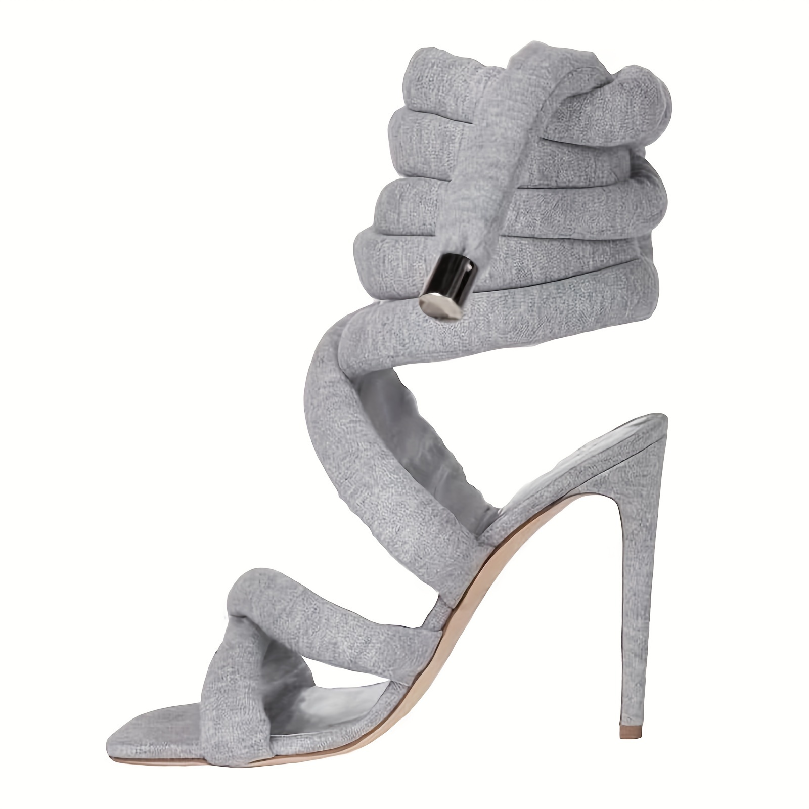 Strappy High Heels Sandals With Grey Jersey Knit Fallopian Cloth Rope  Lace Up Sexy Open Toe Square Stilettos Tie Up Heeled Sandals For Women