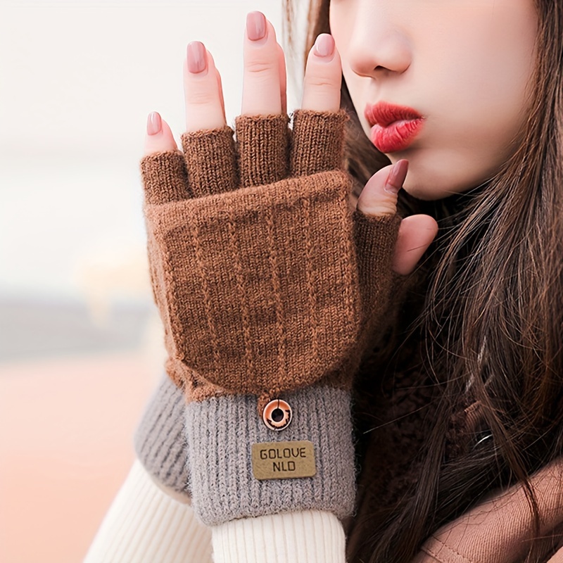 Women's Knitted Polyester Flip Gloves Casual Half-Finger with Cover - Solid Color, Elastic, Warm & Cozy for Cold Weather Outdoors details 9