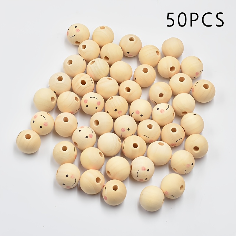 Image of 50pcs 25mm Wooden Beads, Natural Wood Beads, Loose Wooden Beads With Painted Faces For Christmas Tree Garland, Diy Crafts, Jewelry Making, Decorative Beads