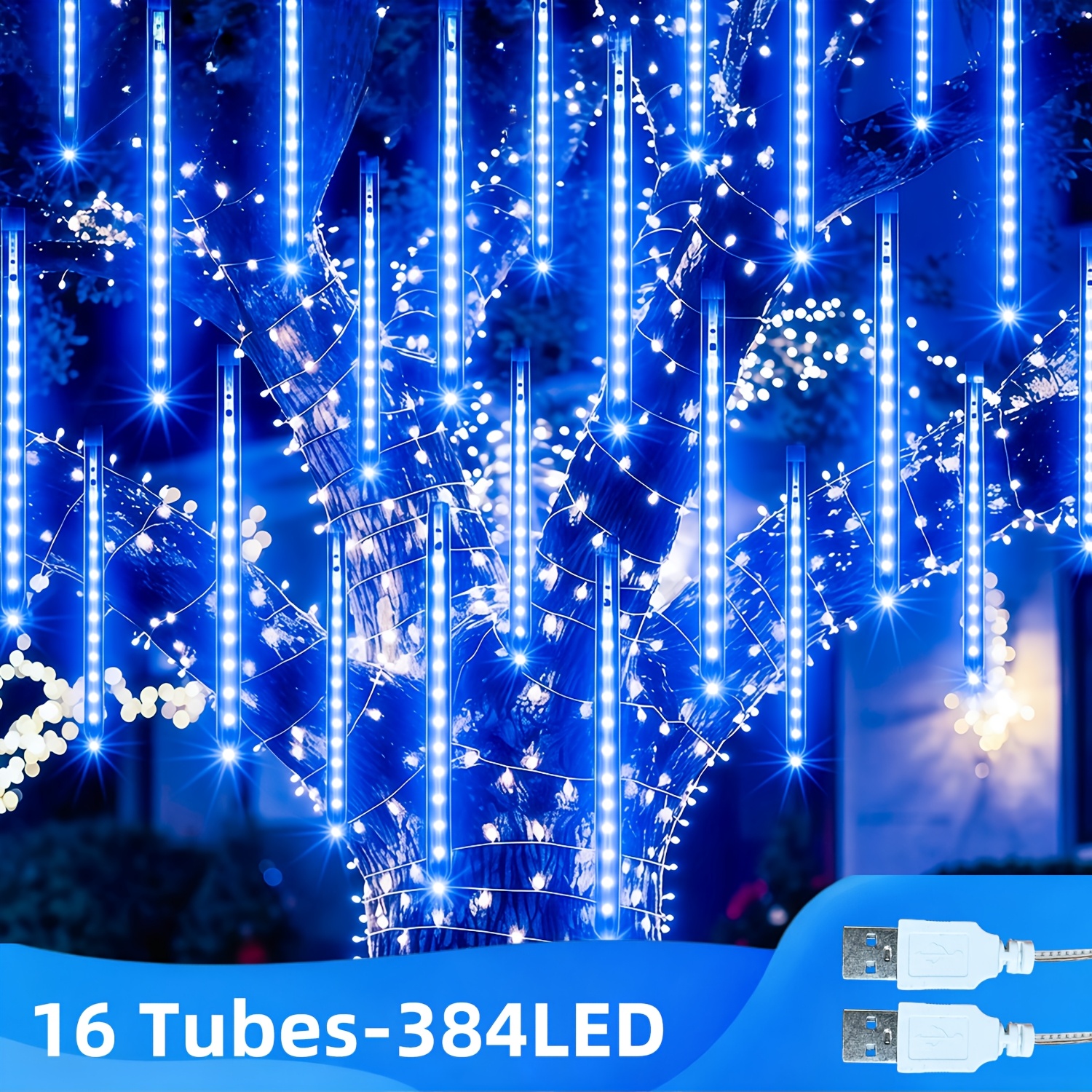 Image of 2 Pack Total 384 Led Meteor Shower Icicle Lights, Usb Powered, Flowing Twinkling Lighting Effect, Christmas Decor Lights, In Series For Yard, Garden, , Storefront, Xmas Events & Holiday Decoration