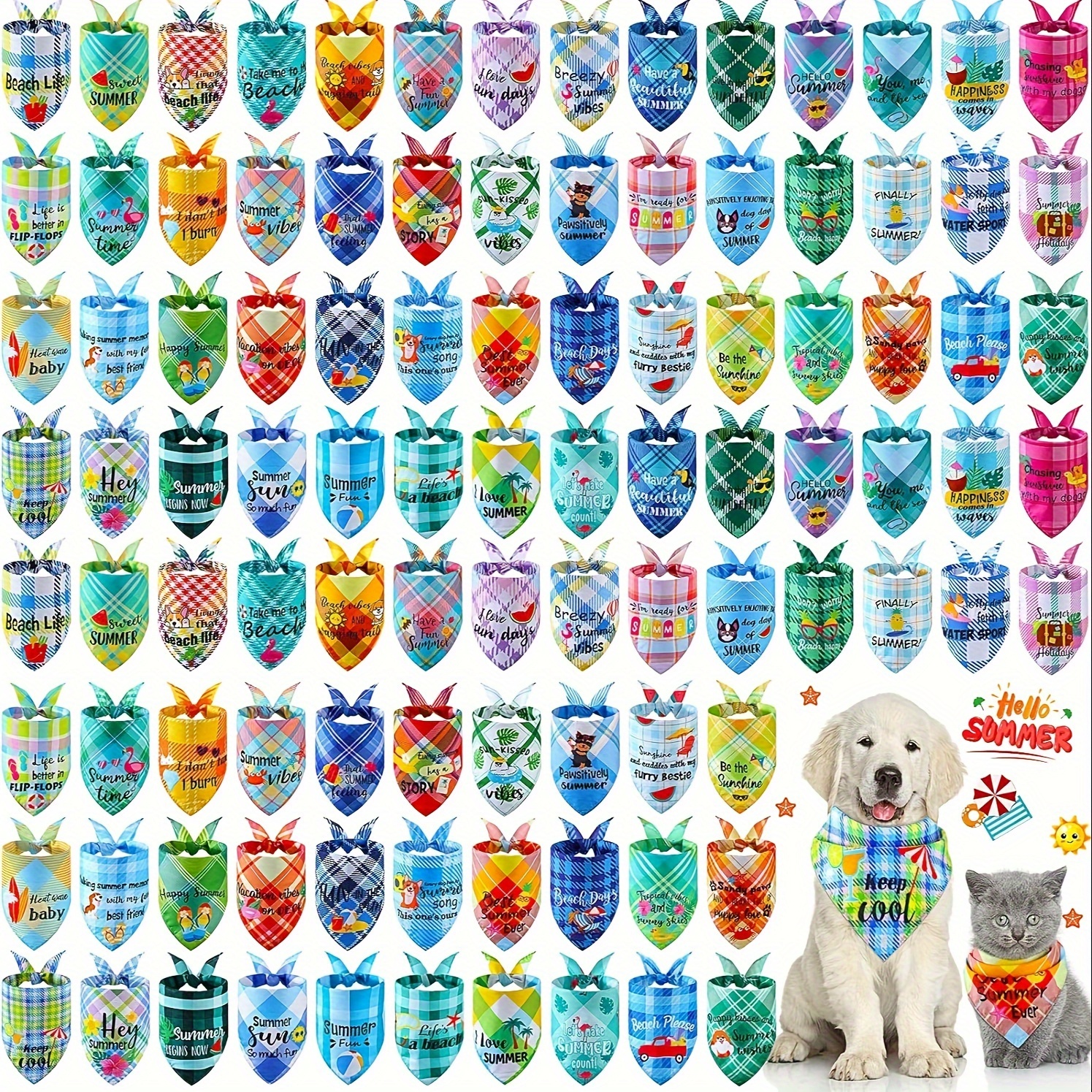 

30pcs Assorted Summer Plaid And Solid Color Dog Bandanas, Polyester Pet Scarves, Breathable, No Seam Design, 1 Size Fits Most, Fashionable Pet Accessories For Dogs & Cats
