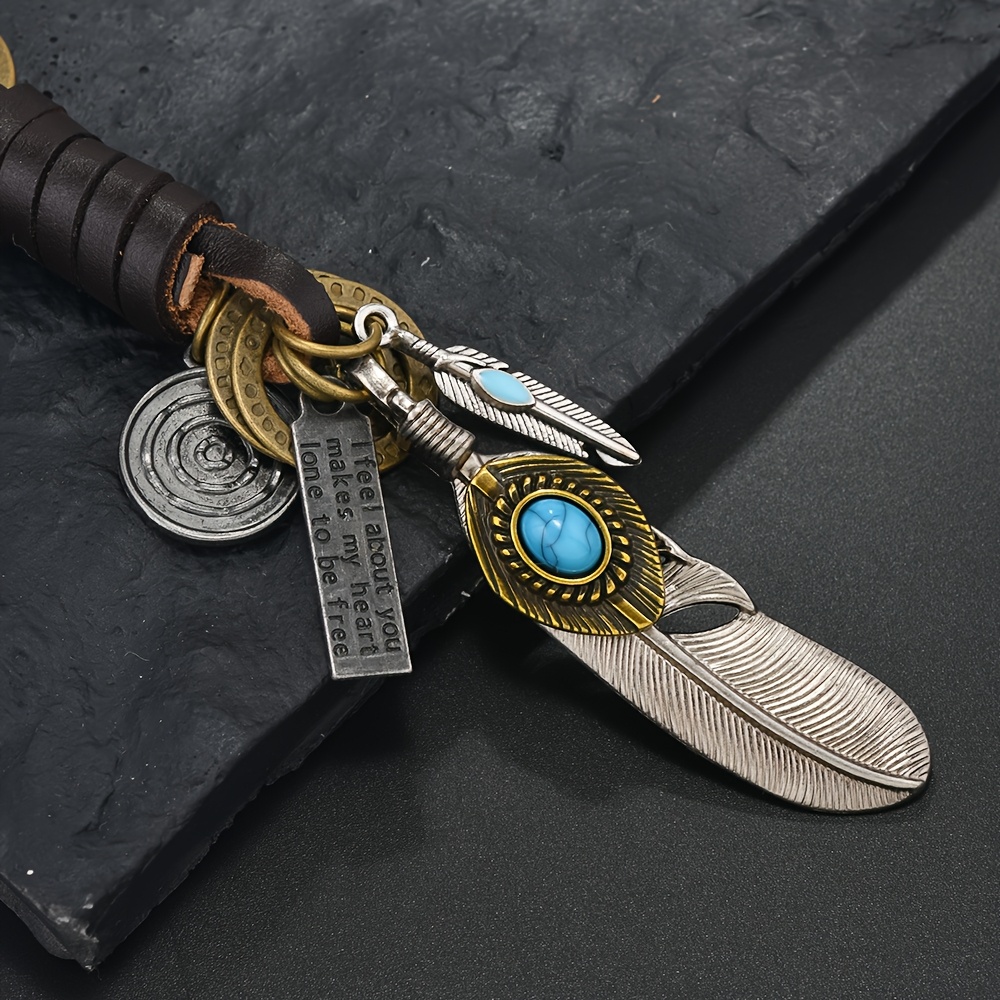 E-shop Neue trendige, kreative Schlüsselanhänger für Männer und Frauen, kleine Geschenke aus Legierung, Vintage Bronze, Türkis, Feder und Retro gewebte
