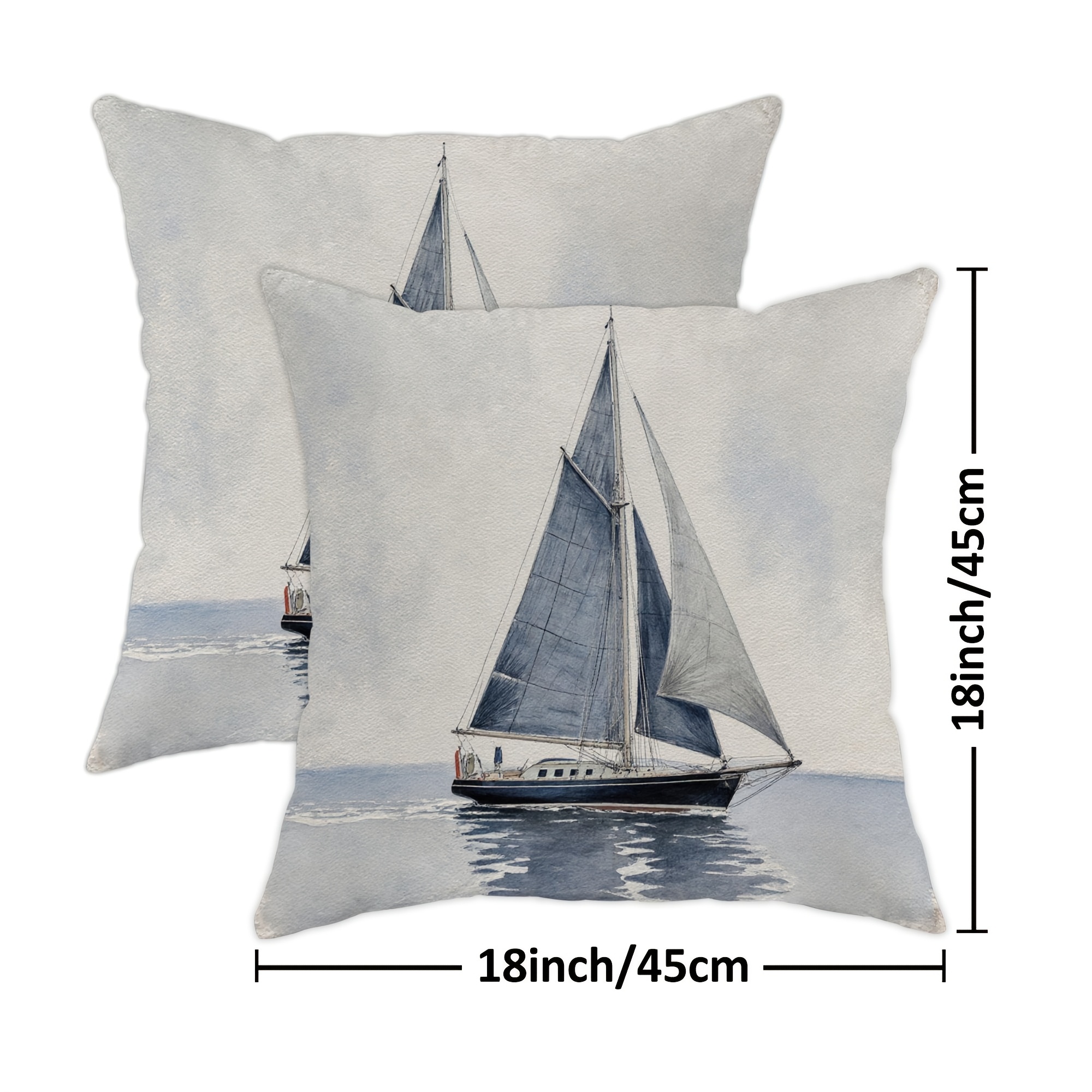 TEMU 2pcs 2d Flat Sailboat Throw Pillow Covers, Nautical Watercolor Ocean Sails Soft Velvet Washable Cover Decorative Pillows For Home Bedroom Living