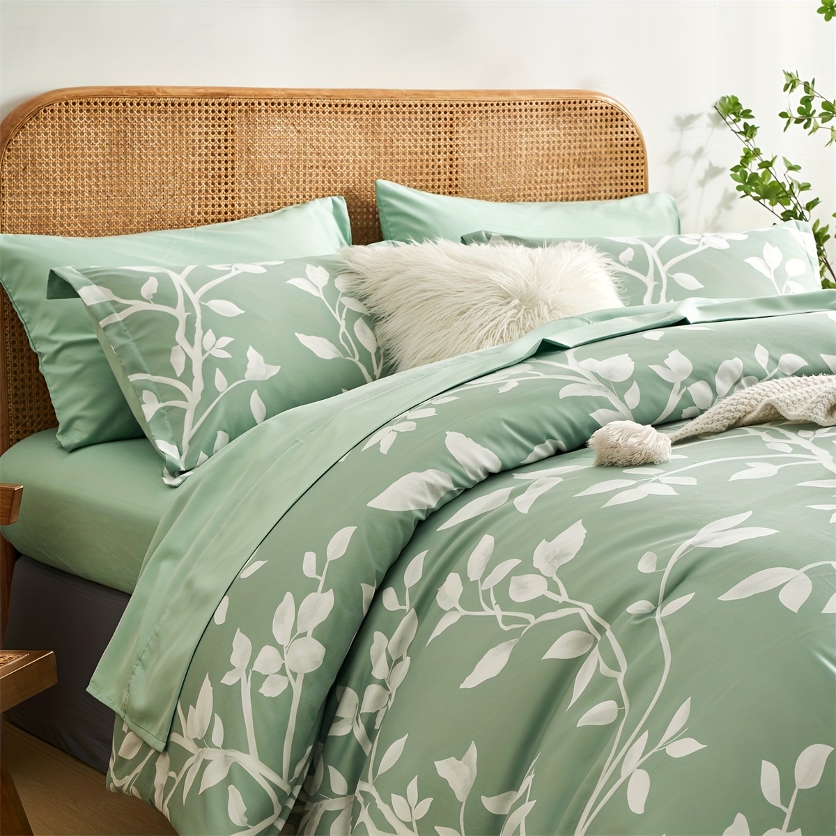 TEMU 7pcs Green Flowers And Plants Pattern Comforter Quilt, And Breathable Soft And Comfortable Bedding, Any Bed Room Or (1*quilt + 1*flat Sheet + 1*fitted Sheet + 4*pillowcase Without Filler)