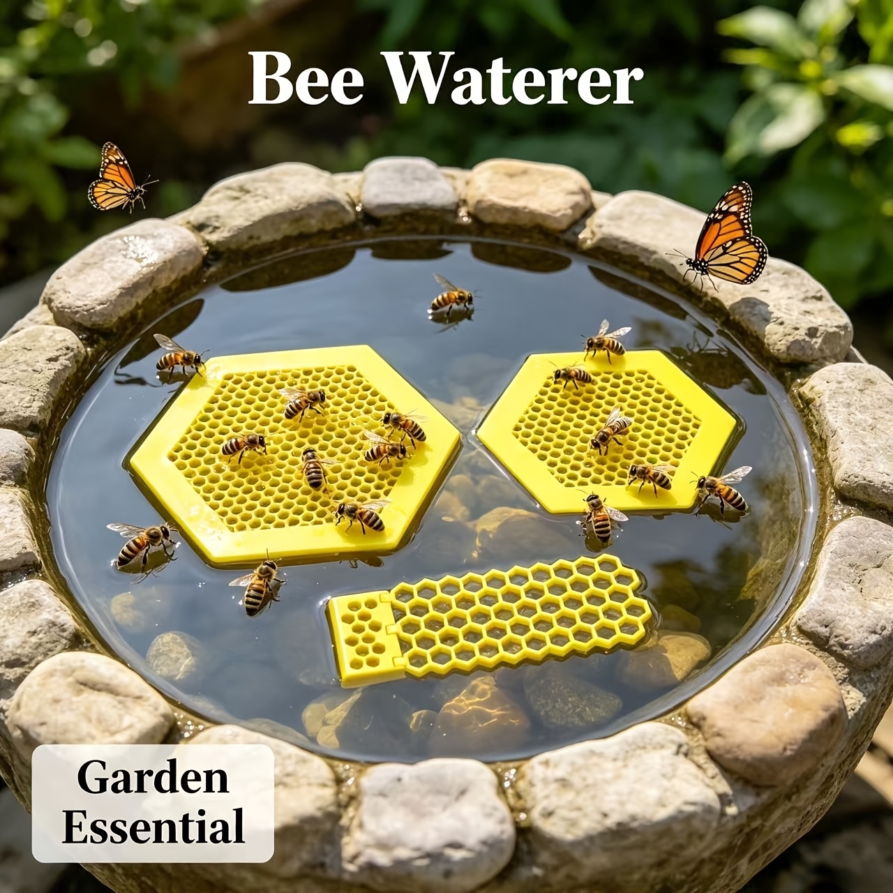 TEMU 3pcs Bee Floating Bee Waterer Set, 2 Hexagonal Honeycomb Trays And 1pc Foldable Insect Drinking Platform, Durable Plastic Bee Water Feeder For