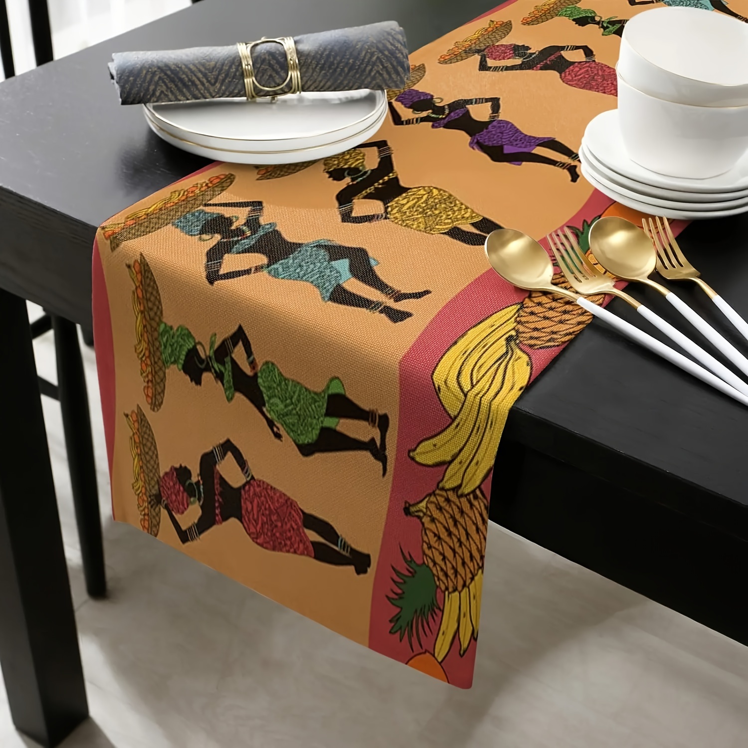 TEMU Christmas Polyester Table Runner - Woven Rectangle Table Liner With African Woman Silhouettes For Home Decoration, Reusable Dining Scarf - 1pc