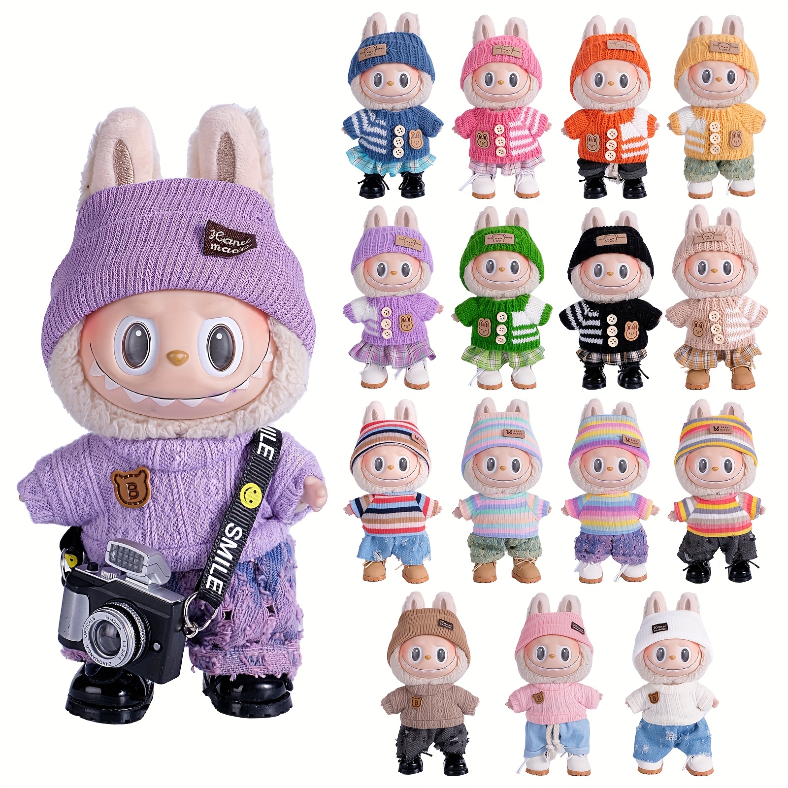 6 69inch doll clothes for labubu with 3 outfits stylish fisherman hat sweaters pants or skirt set for 6 69inch dolls adorable labubu accessories for play display not included shoes doll