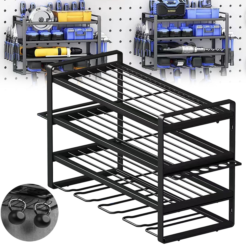 TEMU Heavy Duty 4-tier Tool Storage, Tool Storage Rack, Wall Mounted Garage Storage, Black Lacquered Finish, With Drill Holders, Screwdriver, Plier,