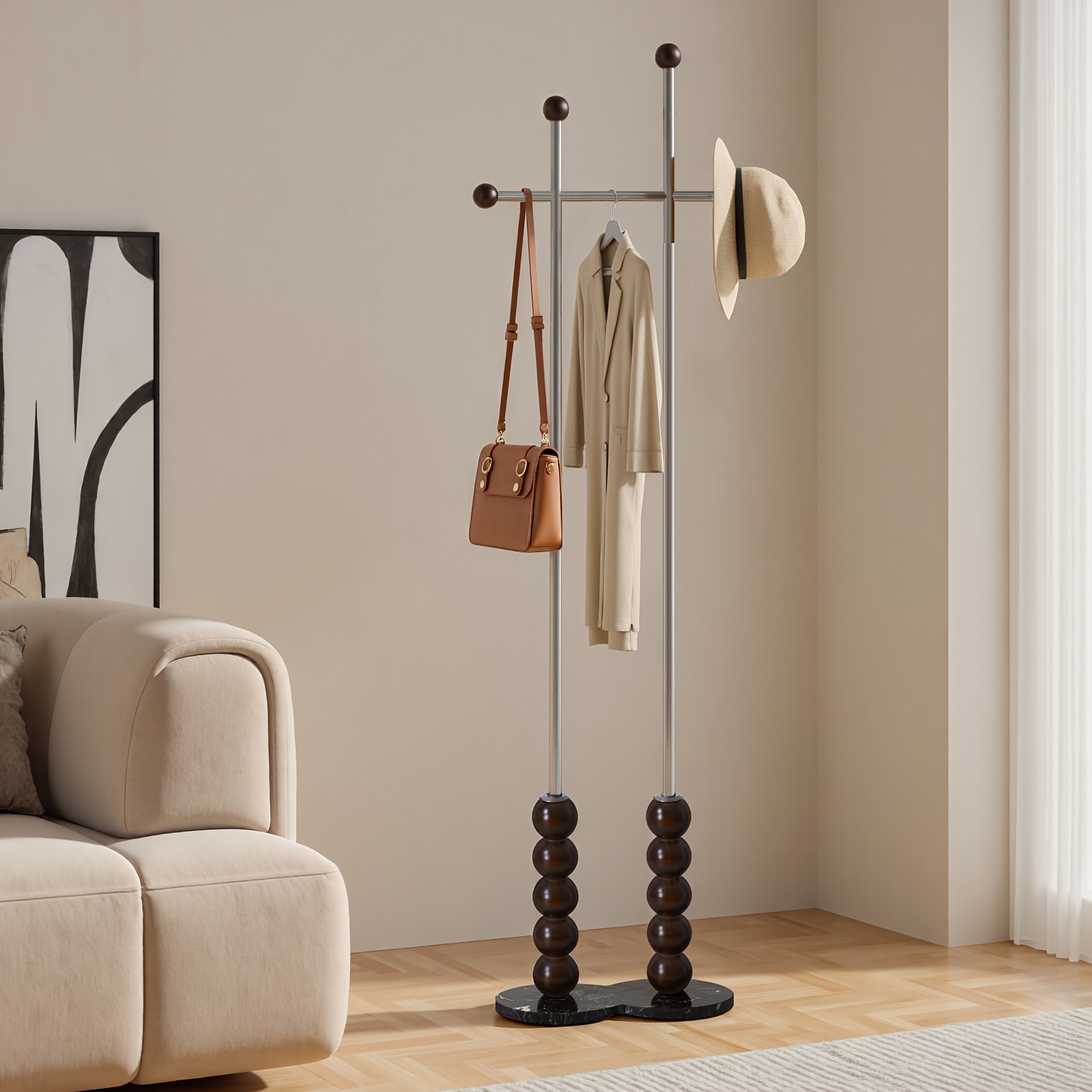 Metal Freestanding Coat Rack with Stainless Steel Double Rods & Marble Base, Hanging Clothes Rack for Entryway, Hallway, Bedroom, Living Room, Hallway Organizer, Entryway Storage, Contemporary Furniture, Modern Coat Hanger, Durable Construction, Highquality Materials, Freestanding Hanger, Versatile Organizer, Apartment Living, Interior Decorators