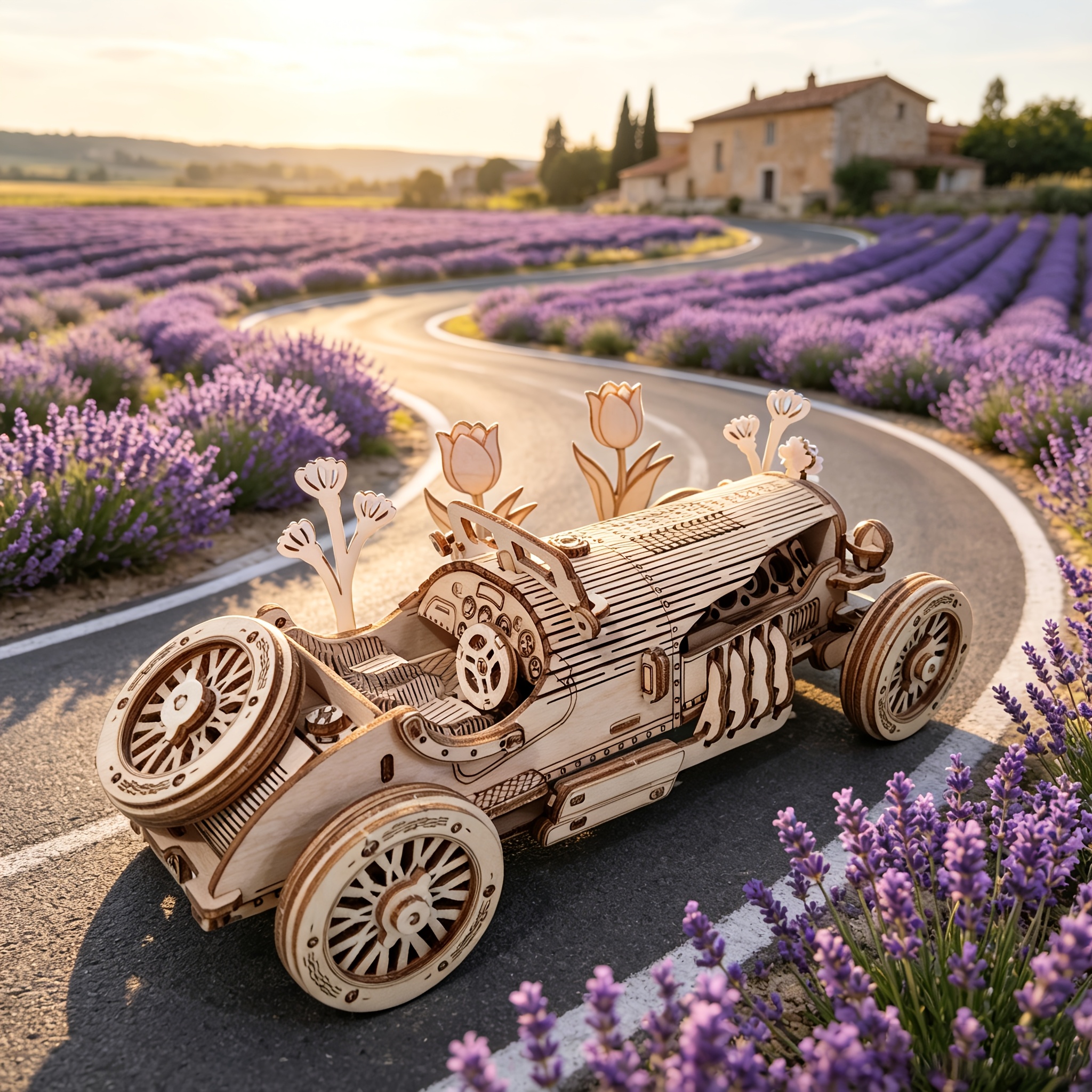 Vintage Convertible Sports Car Wooden Puzzle Set with Flower Ornaments