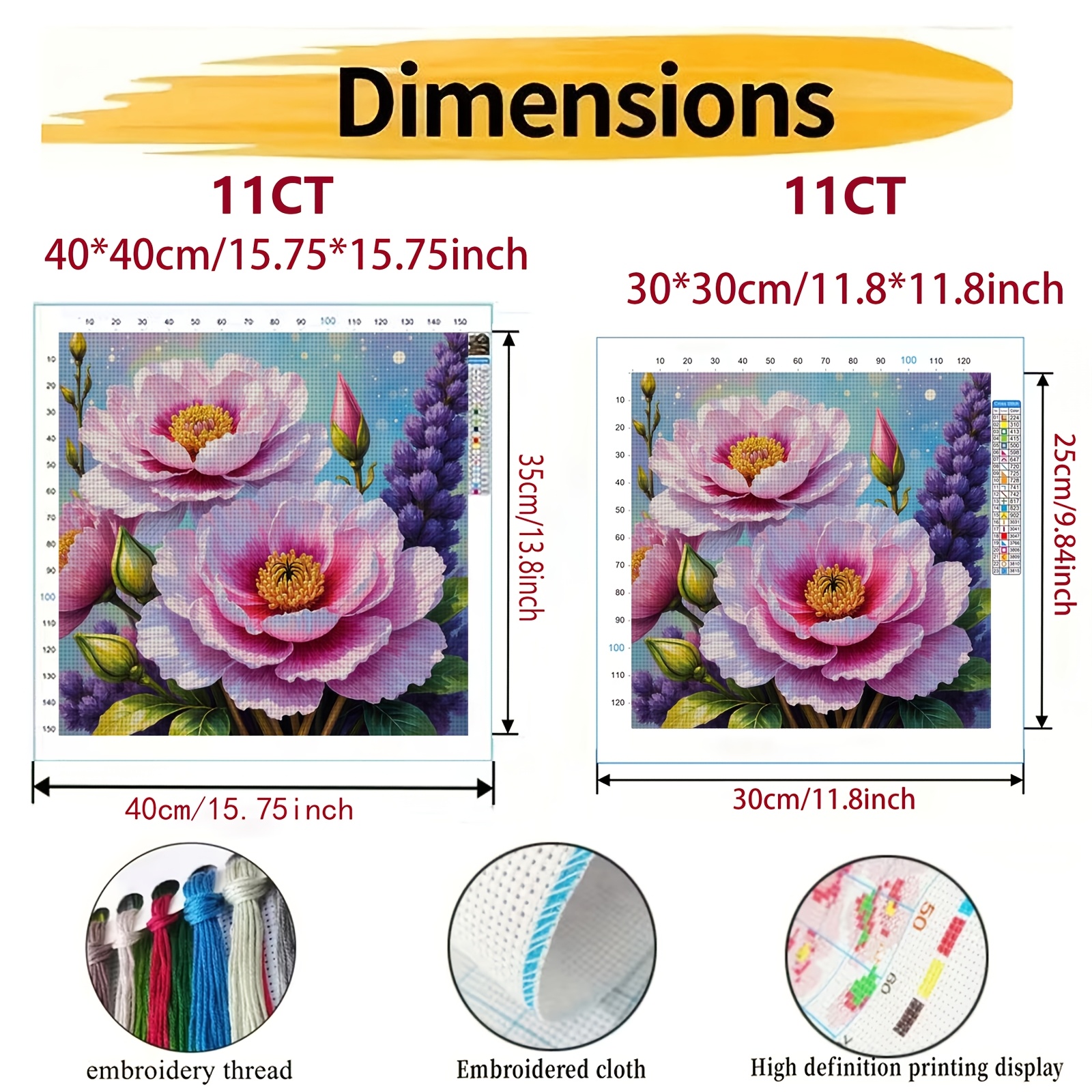 DIY Cross-Stitch Printed Kit, Pink Peonies & Purple Spikes Design