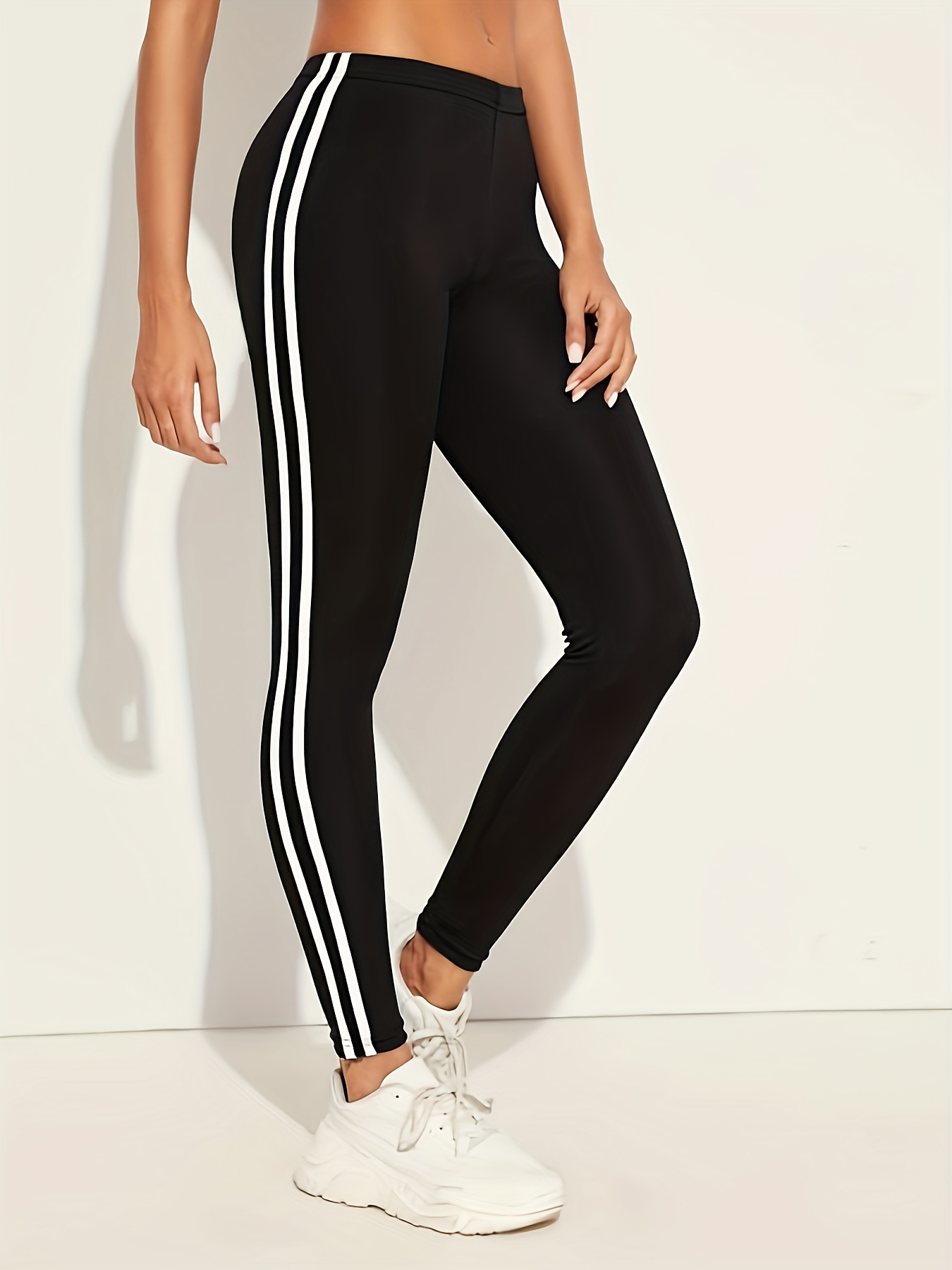 Women's Super Soft Leggings White Striped High Waist Stretch - Temu