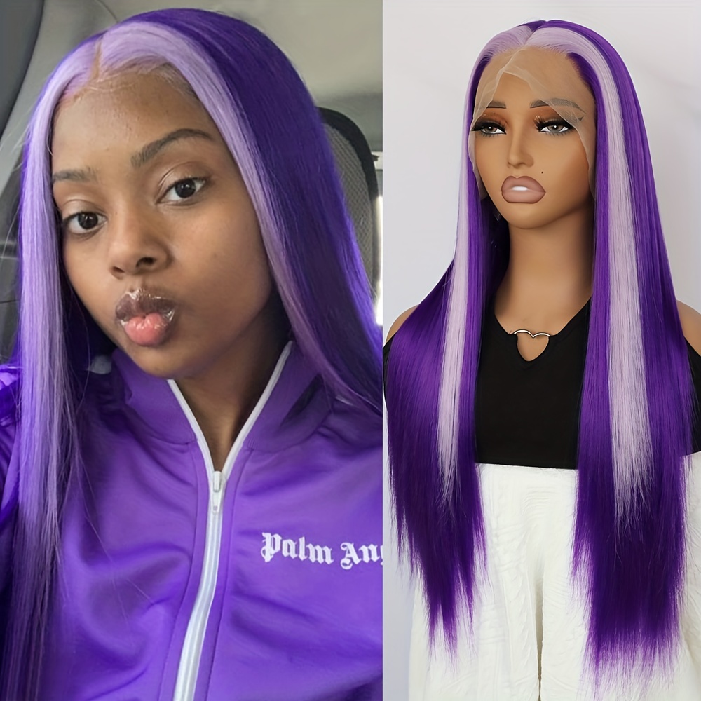 

Ombre Purple Color Hair Synthetic Lace Front Wig 26 Inches Glueless Long Light Purple Skunk Heat Resistant Fiber Frontal Lace Replacement Wigs Pre For Fashion Women Girls Wear