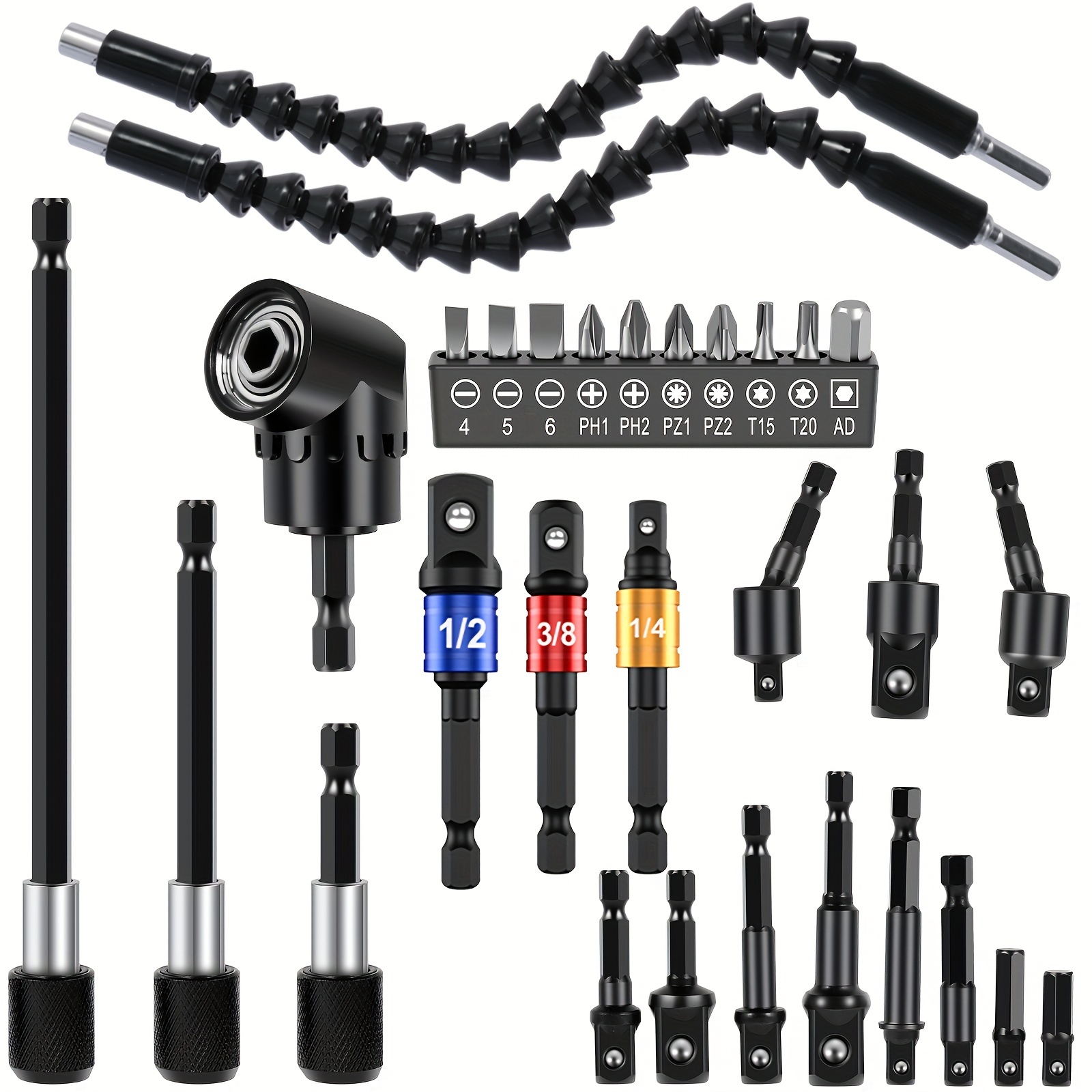 

30pcs Flexible Drill Bit Extension Kit Quick Release Soft Shaft Screwdriver Kit With 105° Right Angle Drill Attachment 360° Rotatable Socket Adapter Extension Rod And 10 Bits