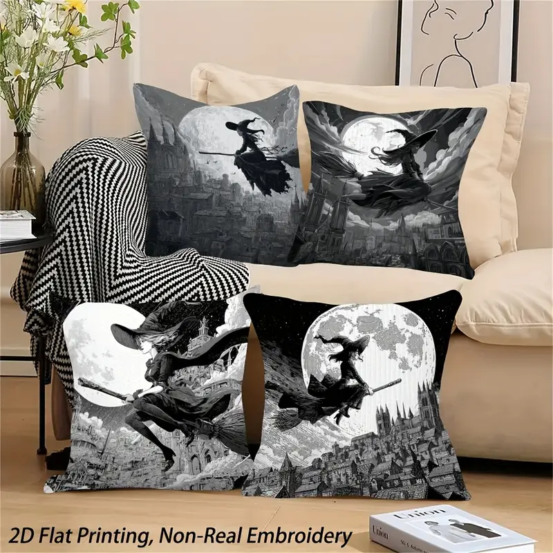 2d flat printing 4pcs witch and castle throw pillow covers autumn decorative accent cushion covers for non real embroidery double sided luxurious sofa room bedroom decoration without pillow inserts yh lcx67965 67968 for halloween Product details 0