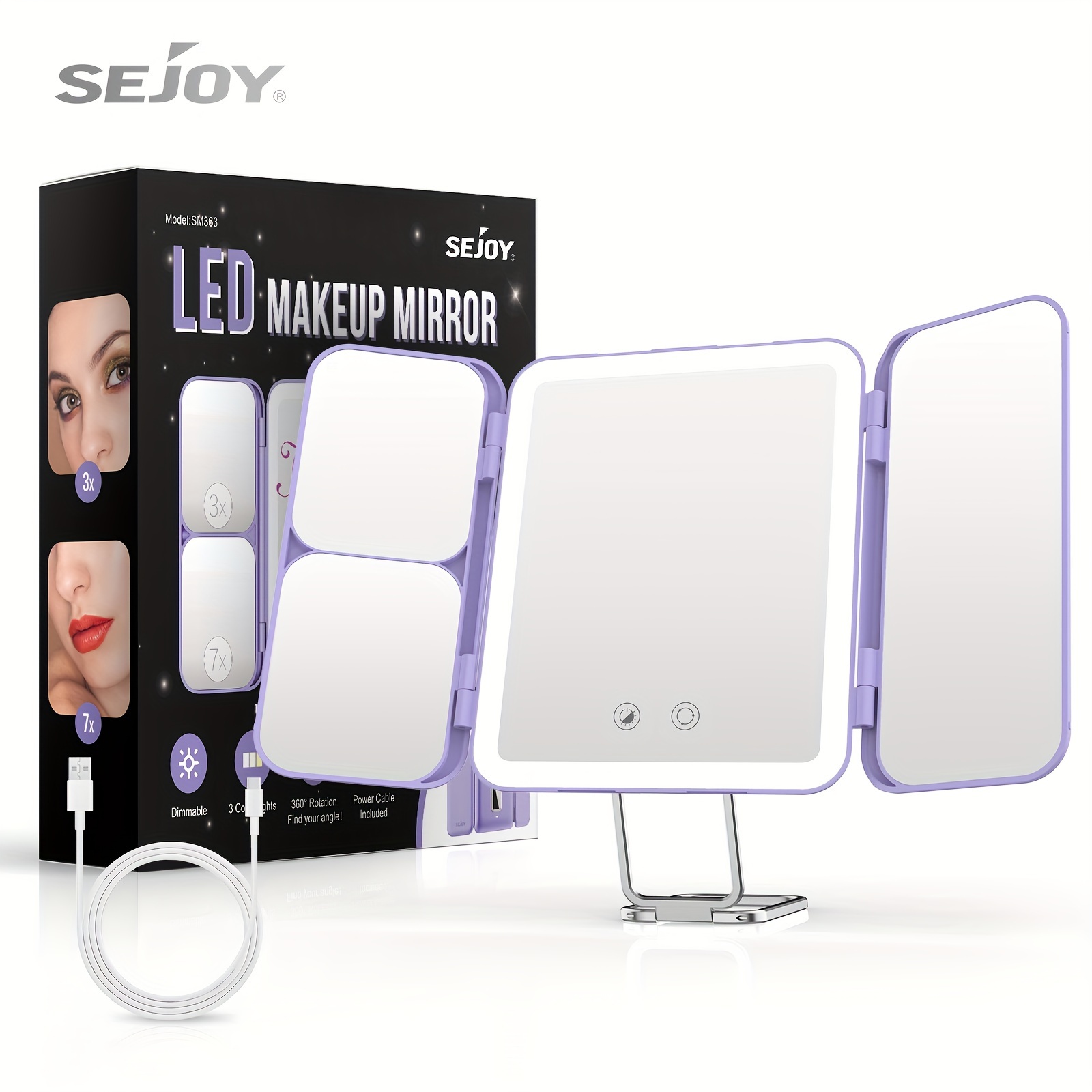 

Sejoy Tri-fold Makeup Mirror Vanity Mirror With 3 Color Led Lights X1/x3/x7 Magnification Rechargeable Travel Mirror Touch Screen, Purple & White