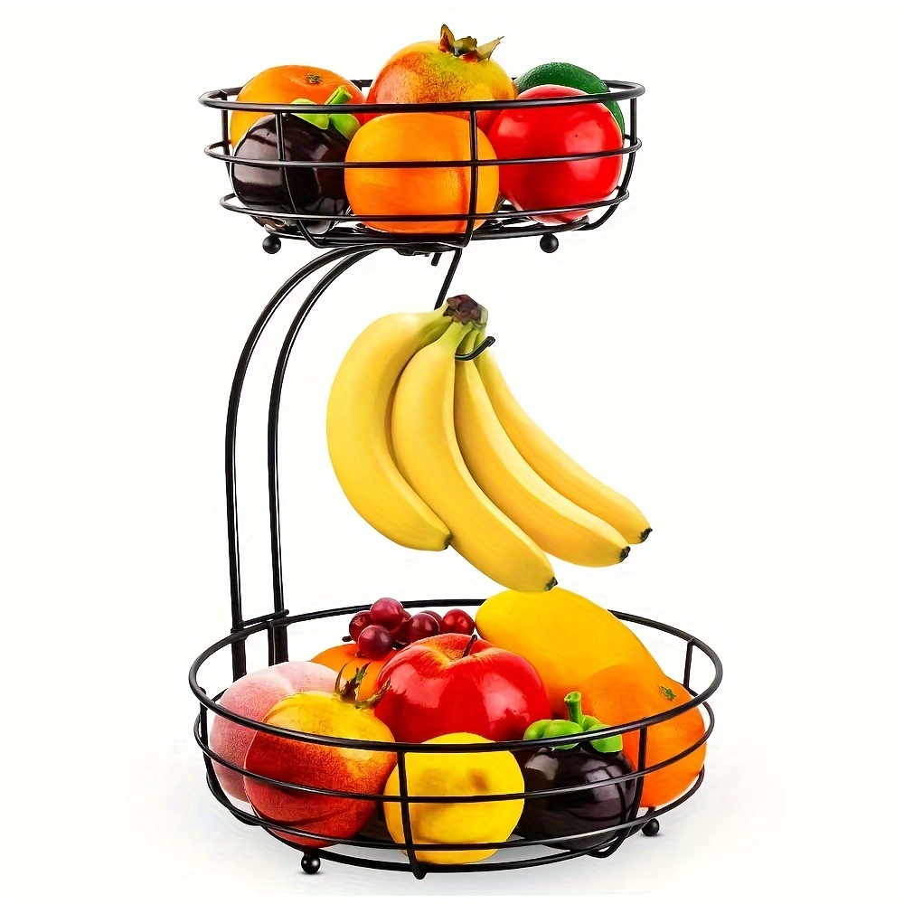 

2-tier Fruit Basket Bowl With Banana Hangers For Kitchen Counter, Metal Wire Basket Vegetable Storage Countertop Fruits Stand Organizer