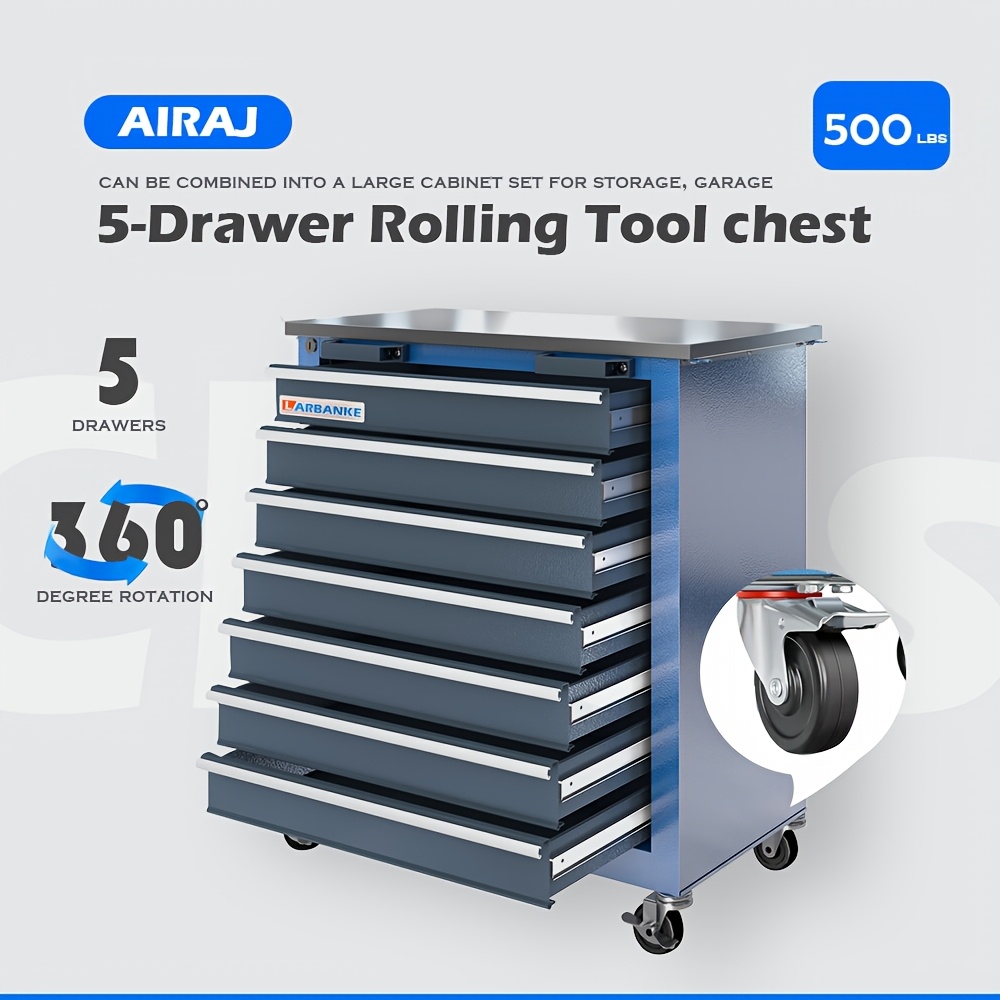 5-Drawer Rolling Tool Chest, Locking Metal Tool Cabinet with Drawer Liners, Non-Slip Pearl Mat, 360° Wheels for  , with Stainless Steel Protective Film Countertop