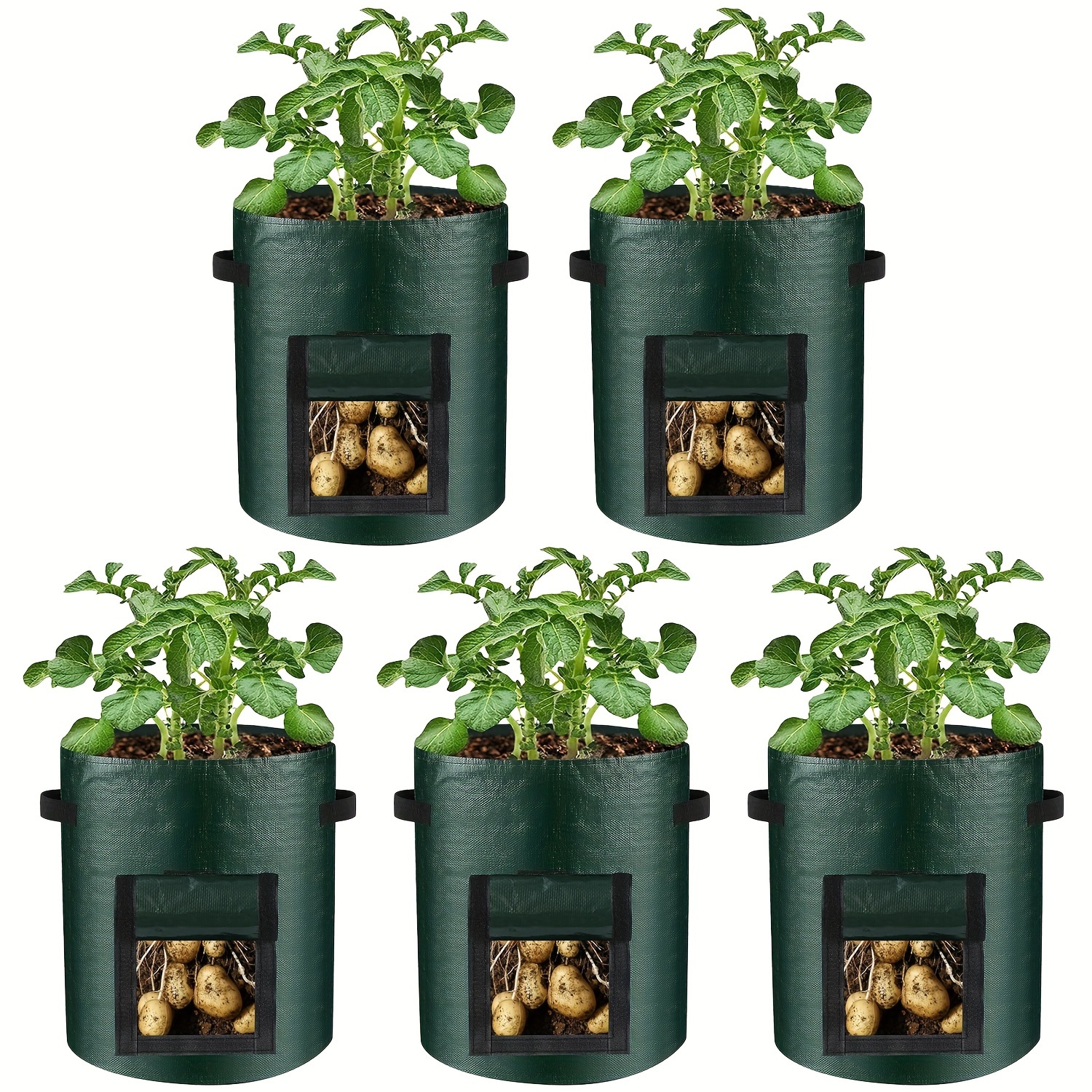 

5pcs Sacs de Culture en Tissu PE Durable de 7 Gallons avec Rabat & Poignées - Pot Vert Polyvalent pour Pommes de Terre, Légumes, Fleurs, Herbes - Essentiels de Jardin Intérieur/Extérieur