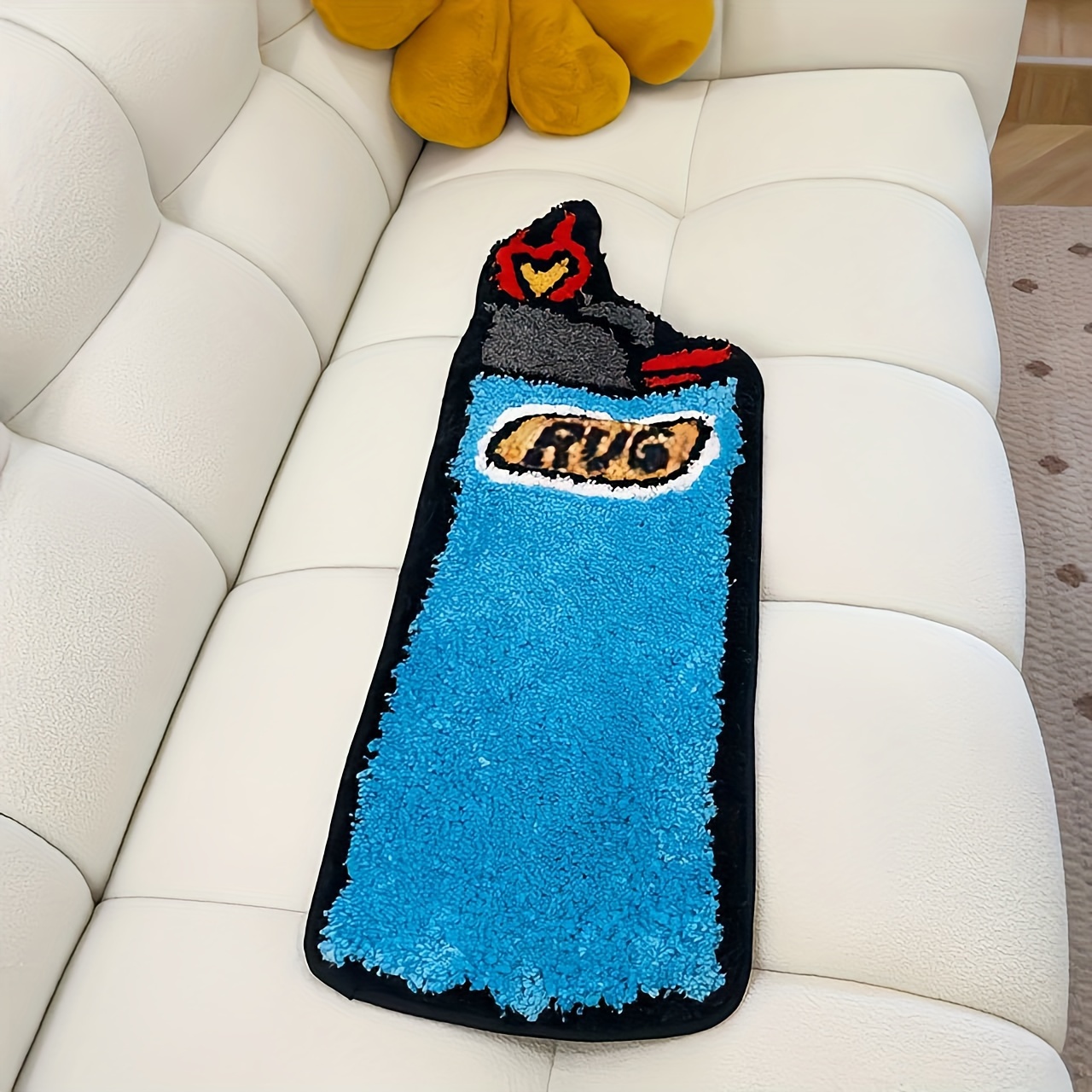 Image of Chic Blue Lighter Tufted Rug - Retro Rainbow Design, Fluffy & Anti-slip For Bedroom, Living Room, Bathroom - Machine Washable Polyester Home