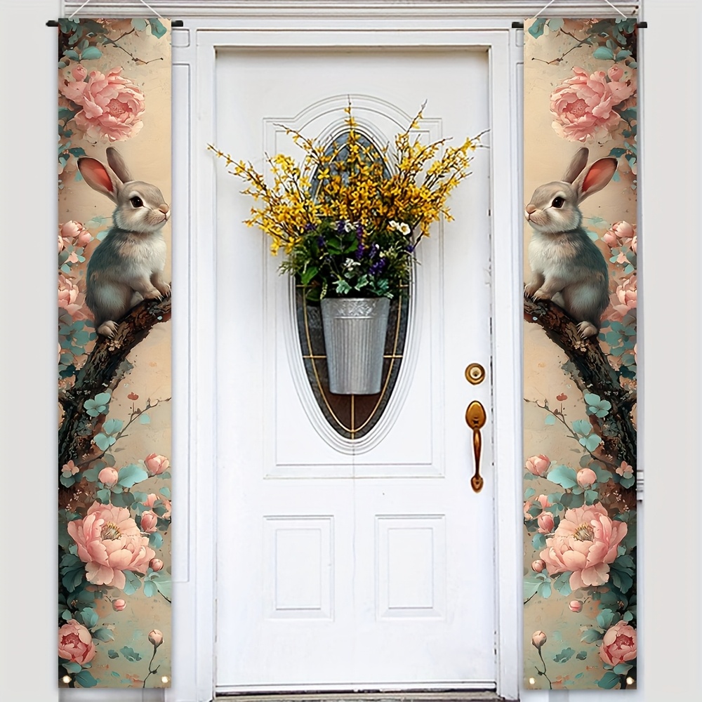 Oster-Türbanner Mit Hasen & Blumenkranz – 90x180 Cm, Polyester, Frühlingshafte Deko Für Haustür & Wand