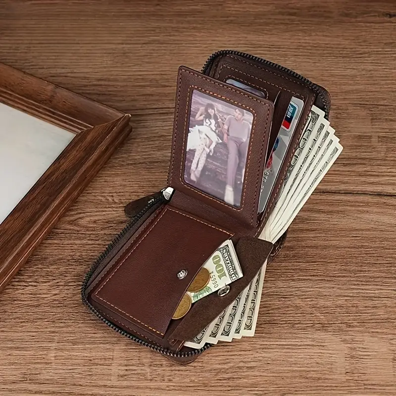 vintage style mens wallet with zipper multifunctional large capacity imitation leather birthday gift holiday gift details 2