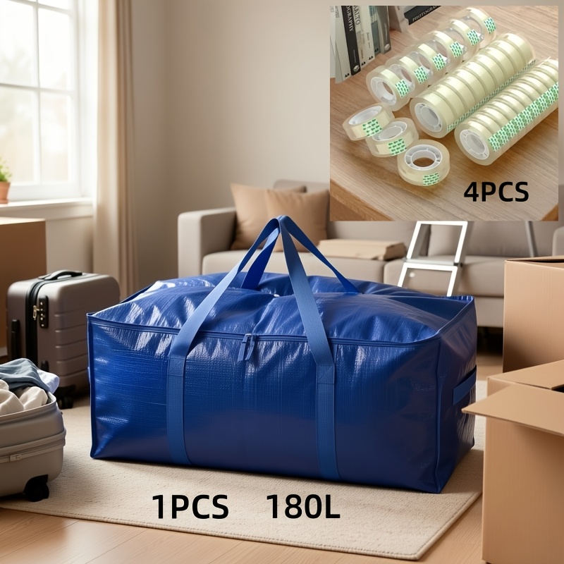 TEMU 5pcs Set/pack: 1 X 180l Polypropylene Storage Bag + 4 Rolls Of Transparent Tape, With Handles And Zipper Closure, For Luggage