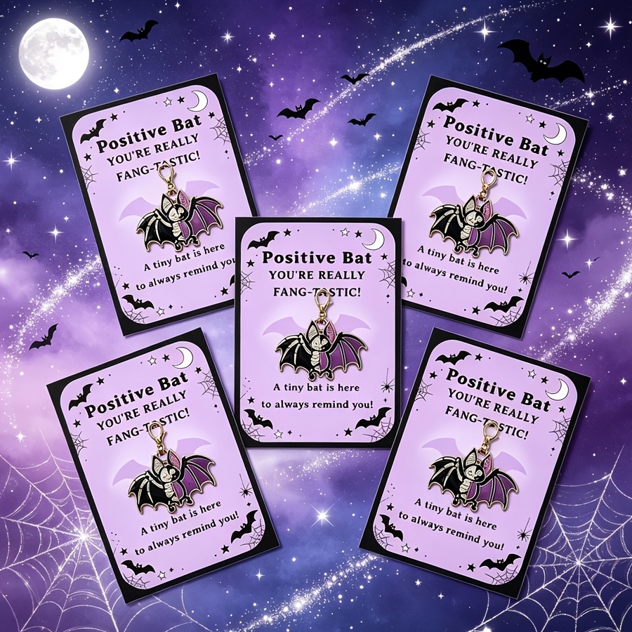 TEMU 5pcs Positive Bat Keychain Purple Alloy Pendant With Inspirational Pocket Hug Card, Encouragement Gift For Halloween Party Favor
