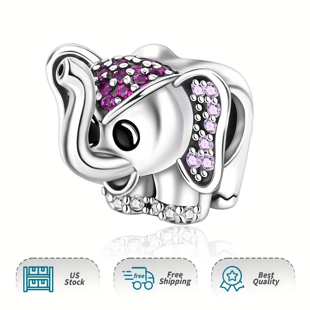 

Women Authentic Pave Purple Zricon Elephant Charm 925 Sterling Silver Pendant Charm For Moment Bracelet & Necklace Daily Use Holiday Diy Gifts