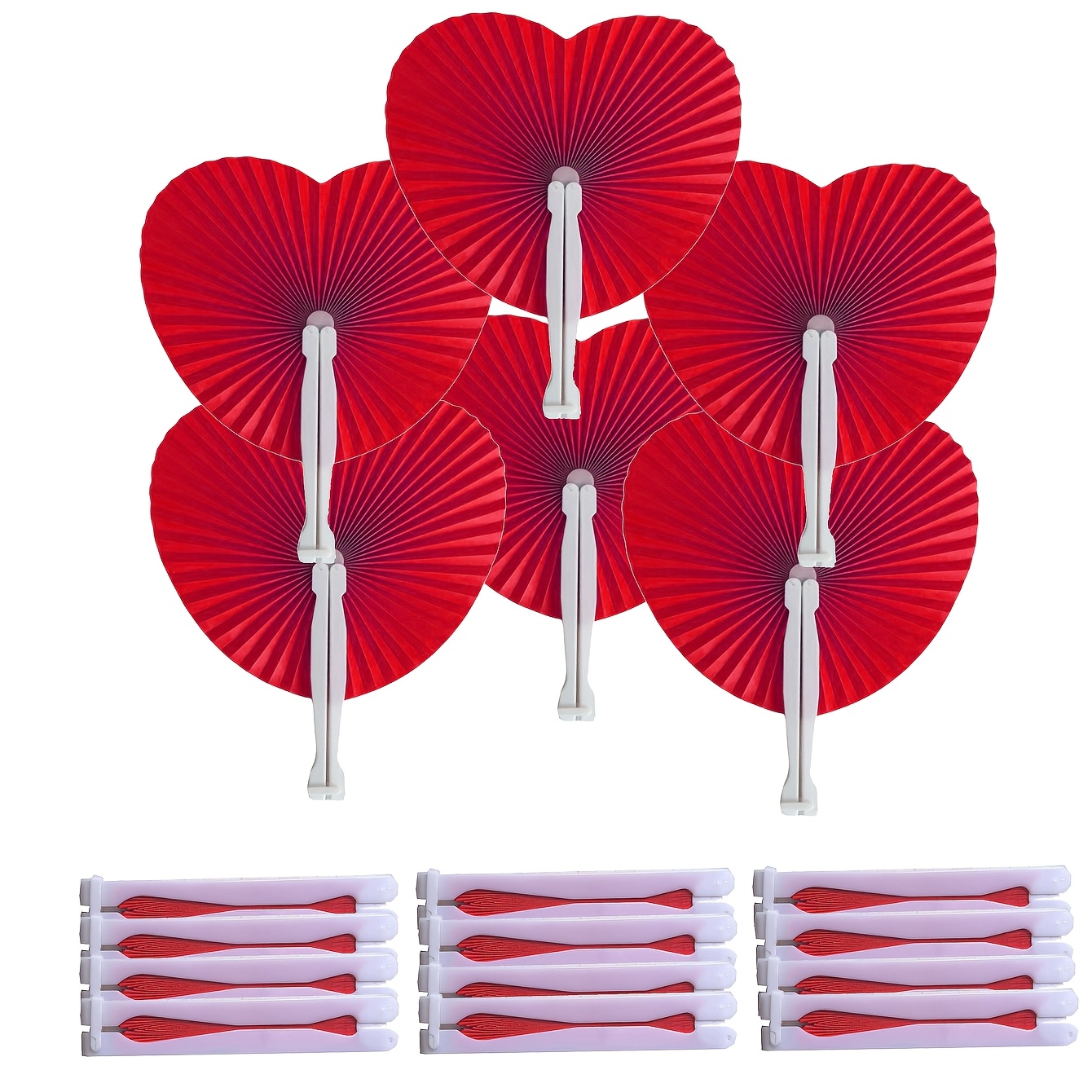 TEMU Ensemble de 12 éventails pliants pour femmes, faits à de cœur - Cadeau de fête - Éventail pliant rouge de cœur avec de piano facile, éventail en