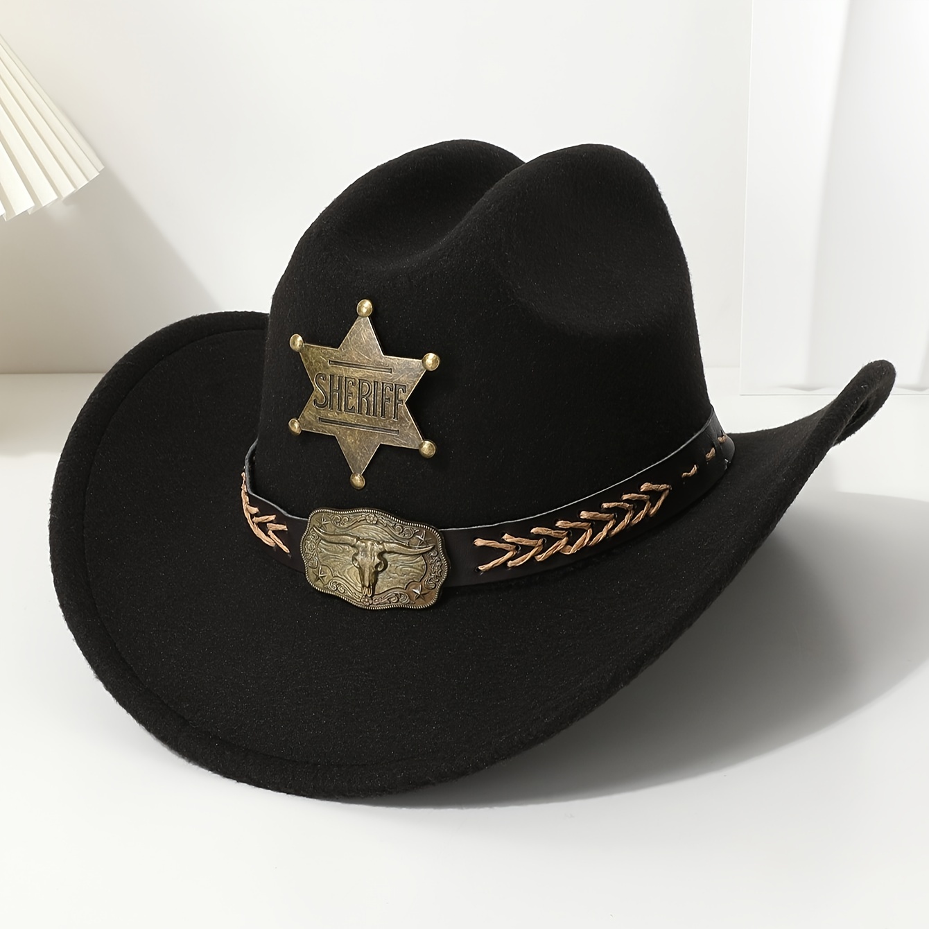 

Western Cowboy Hat With Star And Ornament - 100% Polyester Hand Woven Hat With Inelasticity, Lightweight Design For Outdoor Activities, Hiking, Riding, And Parties - Unisex, No Feathers