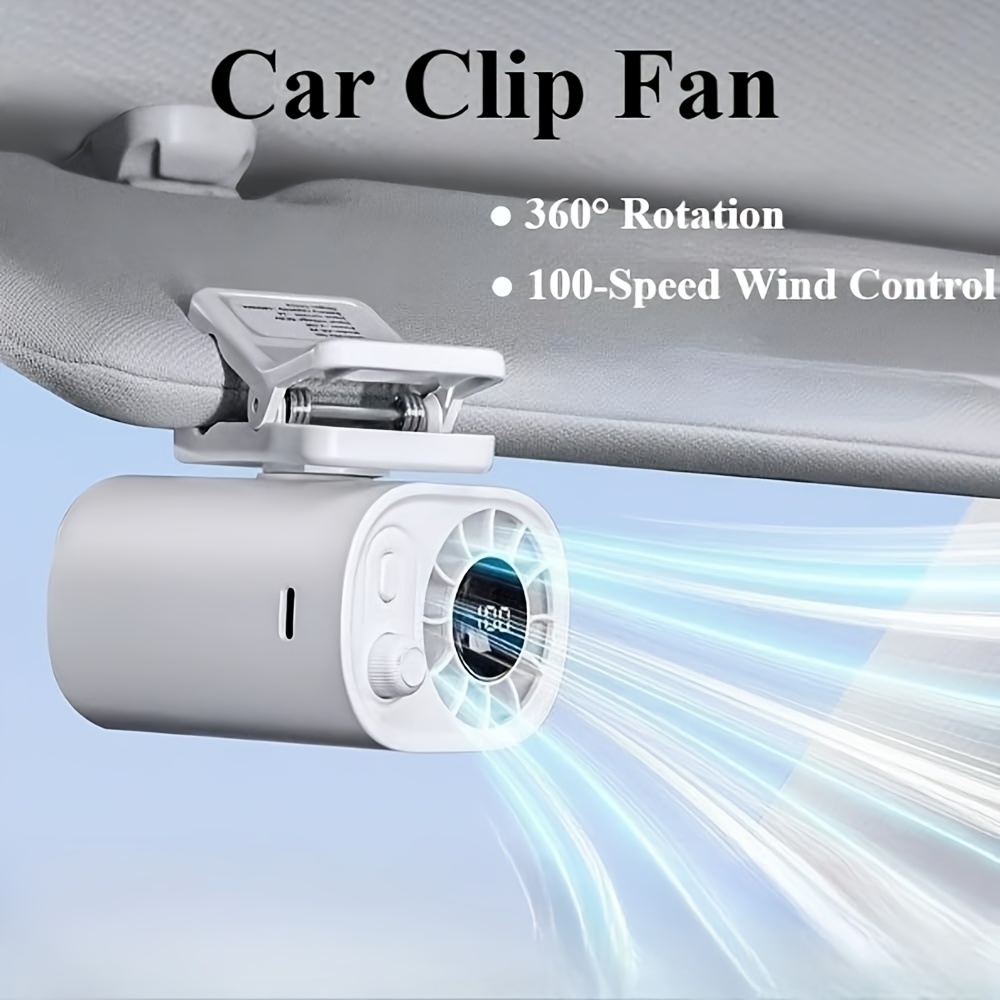 portable clip on car fan clip on car fan with led display for front rear seat mini personal cooling sun visor fan for vehicle 360 rotation 100 adjustable portable fan outdoor activities sleek style durable build adventure camping essentials modern gadget sturdy construction sports lovers 3 holiday gifts Product details 1