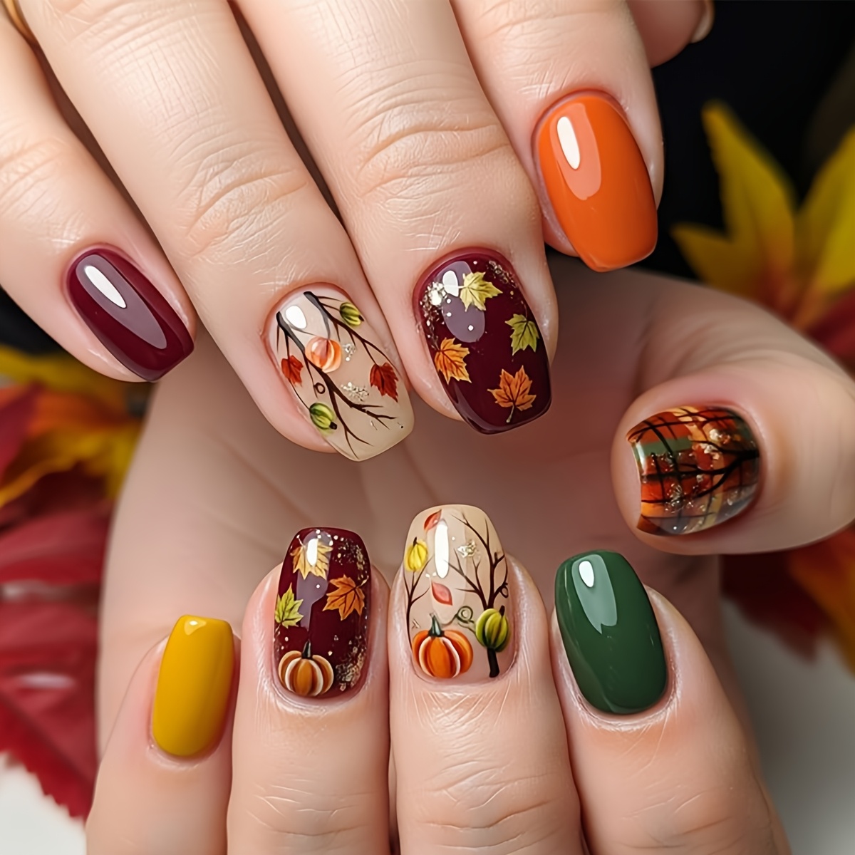 TEMU 24pcs Square False Nails, -yellow Autumn Winter Aesthetic Nail Stickers With And Pumpkin Design, Thanksgiving Wearable Nails, Ideal For Holiday