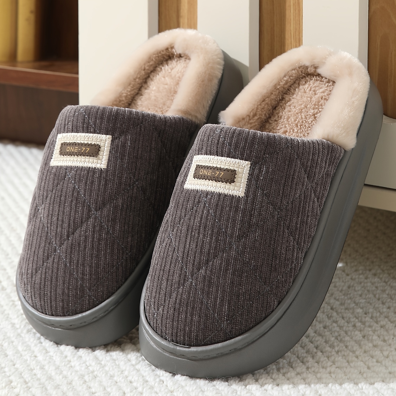 

Casual Men's Fall/winter Striped Slippers - Warm Plush Lining, Anti-slip Thick Sole, Indoor/outdoor House Slip-on Shoes With Eva Sole And Round Toe Cap