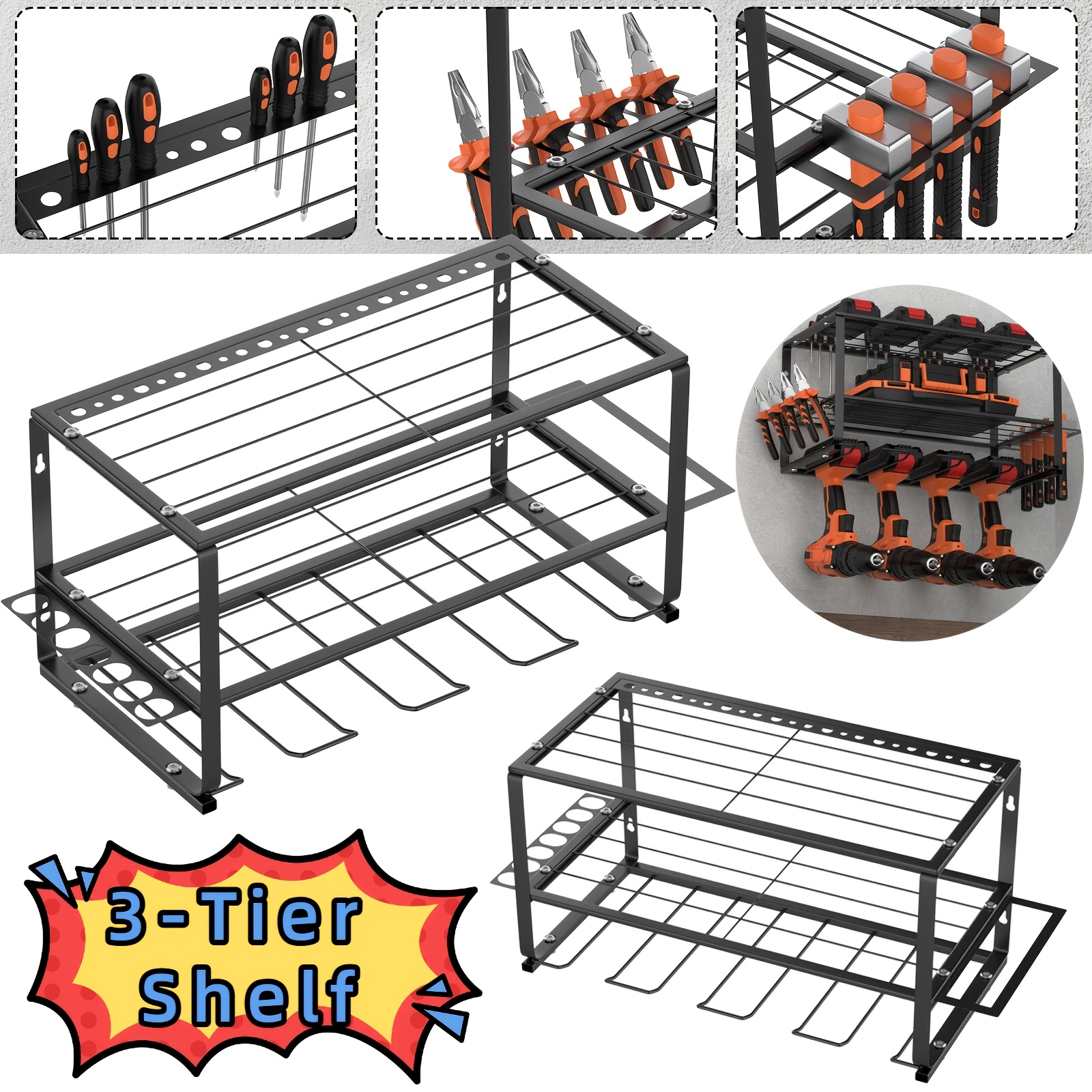 TEMU 3-tier Heavy Duty Power Tool Storage Rack, Metal Shelf Organizer For 4 Drills, Toolbox & Hand Tools - 150lbs Capacity Space-saving Drills Holder