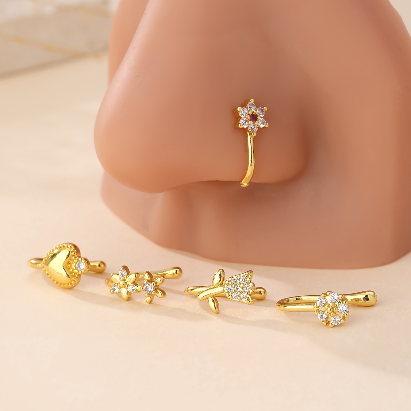 TEMU 5pcs Set Elegant And Stylish Copper Inlaid Bling Bling Synthetic Cubic Zirconia Easy Heart Rose Flower Petal Flower Shape Cute Nose Clip No
