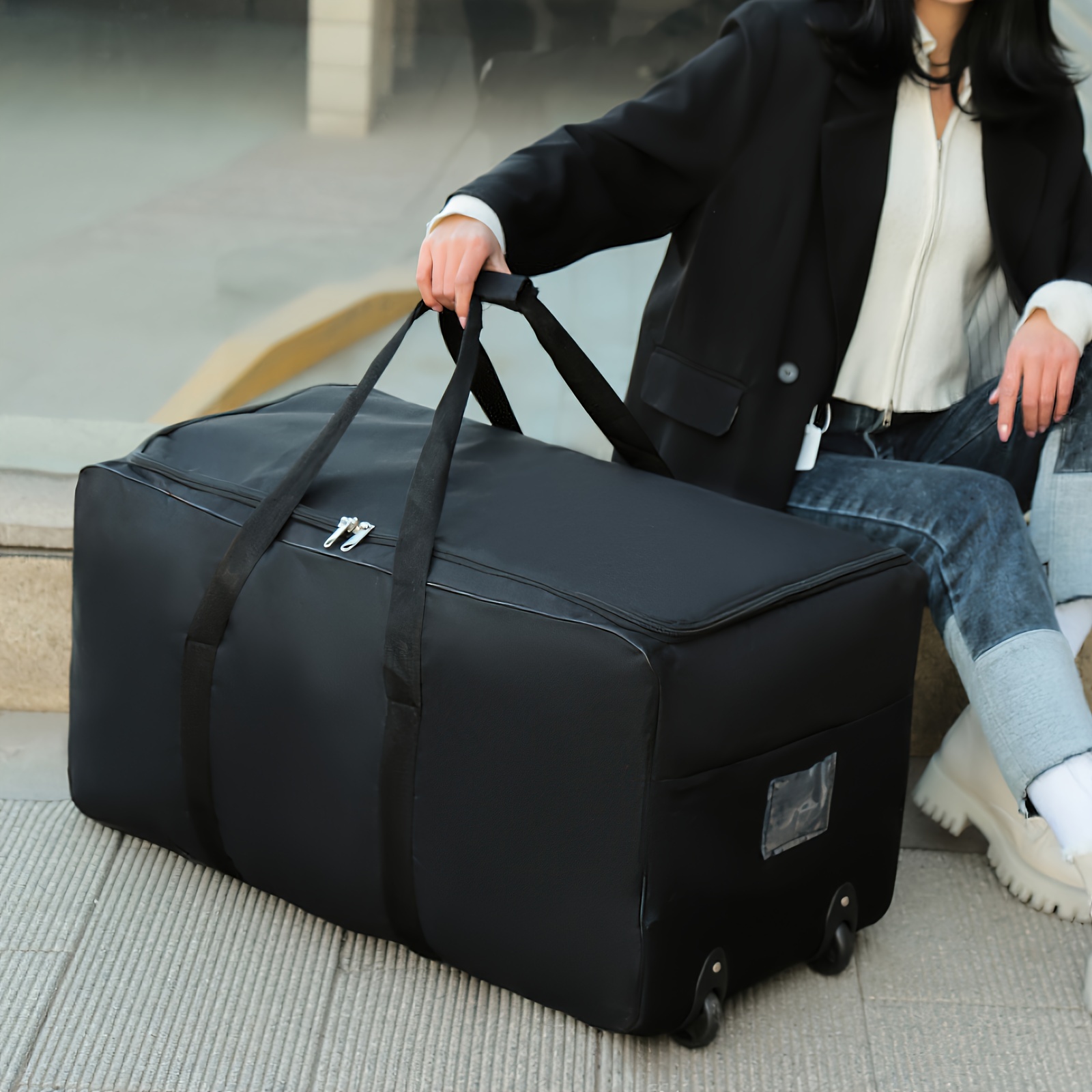 

Extra Large Capacity, Black Minimalist Quilts Storage Organizer Bag With Wheels, Foldable Rolling Luggage Bag For Travel