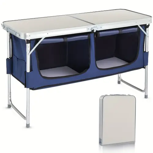 4ft flower white mdf table top outdoor folding table aluminum frame rectangle with blue cloth cabinet 3 height adjustable