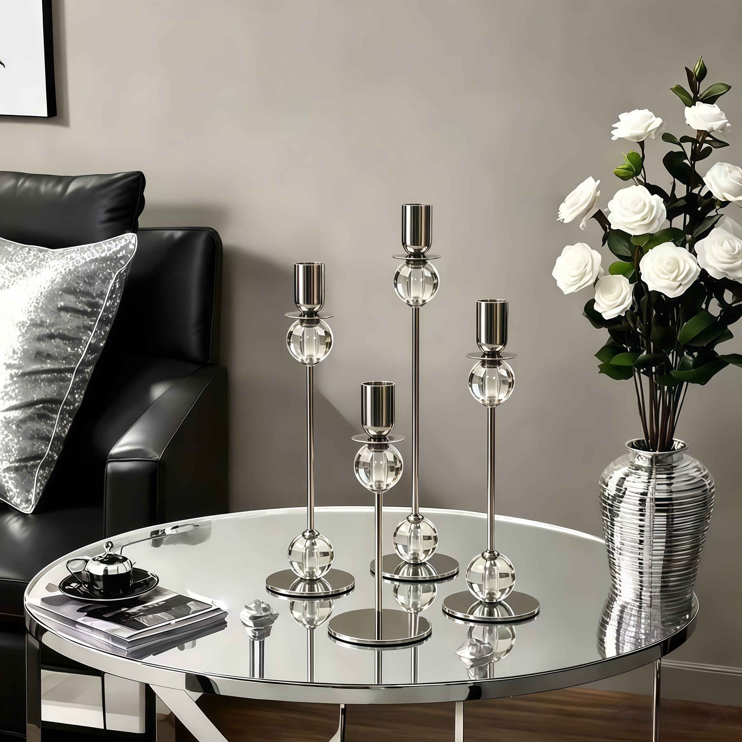 3pcs Crystal Taper Candle Holder - Silvery Metal Candlestick with Glass Ball, Modern Tall And Short Candle Holders for Wedding, Dining Room, Living Room, Home Decor, Wedding Table Centerpieces, Dining Table, Family Party Decorations