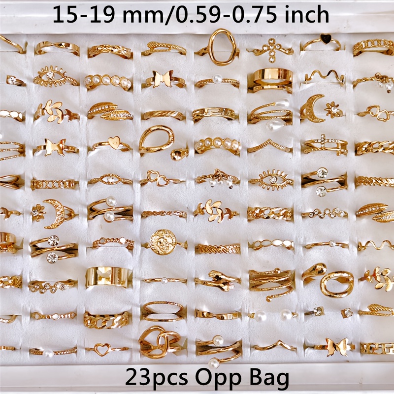 TEMU Wholesale 23pcs/pack Women's Fashion Stacked Ring Vintage Bohemian Golden Color Alloy Men's And Women's Ring Sizes 15mm -19mm Mixed Leaf Eye