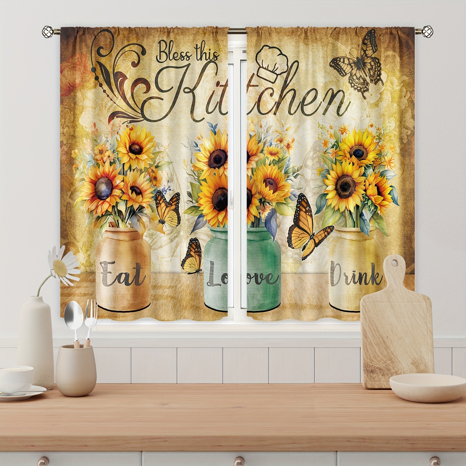 

Rustic Sunflower Kitchen Curtain Tiers Set Of 2, Polyester Light-filtering Window Treatments, Rod Pocket Pastoral Floral & Butterfly Print For Cafe, Office, Living Room, Home Decor - Machine Washable