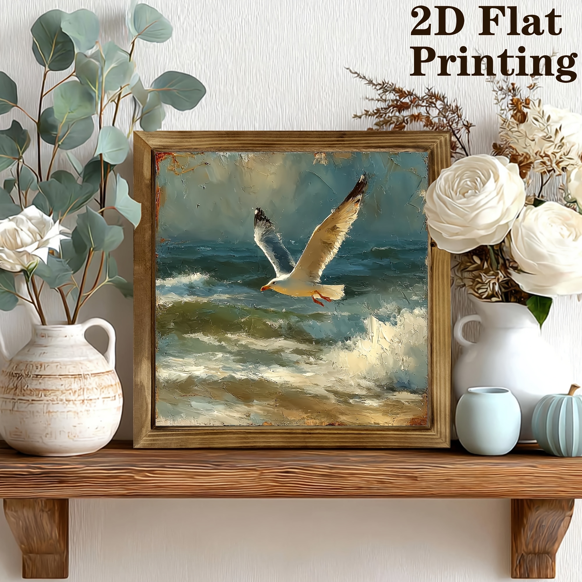 TEMU 2d Flat, 2d Flat, A 2d Plane Featuring A Whimsical Retro-style Mural Of A Surging Sea With Flying, Framed In Wood. This Vintage Decorative Sign